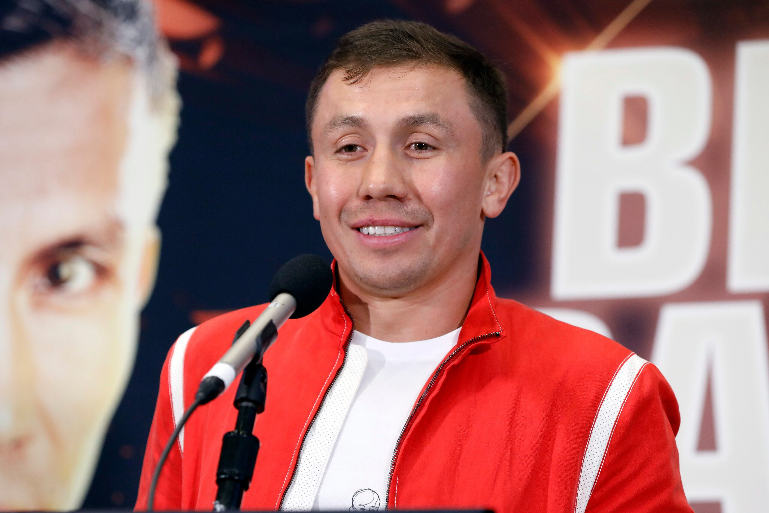 Kazakhstan's Gennady Golovkin, Ukraine's Serhiy Derevianchenko, during a news conference at New York's Madison Square Garden, Thursday, Aug. 22, 2019. They formally announced their bout for the vacant IBF Middleweight title at the Garden on Saturday October 5, 2019. (AP Photo/Richard Drew)