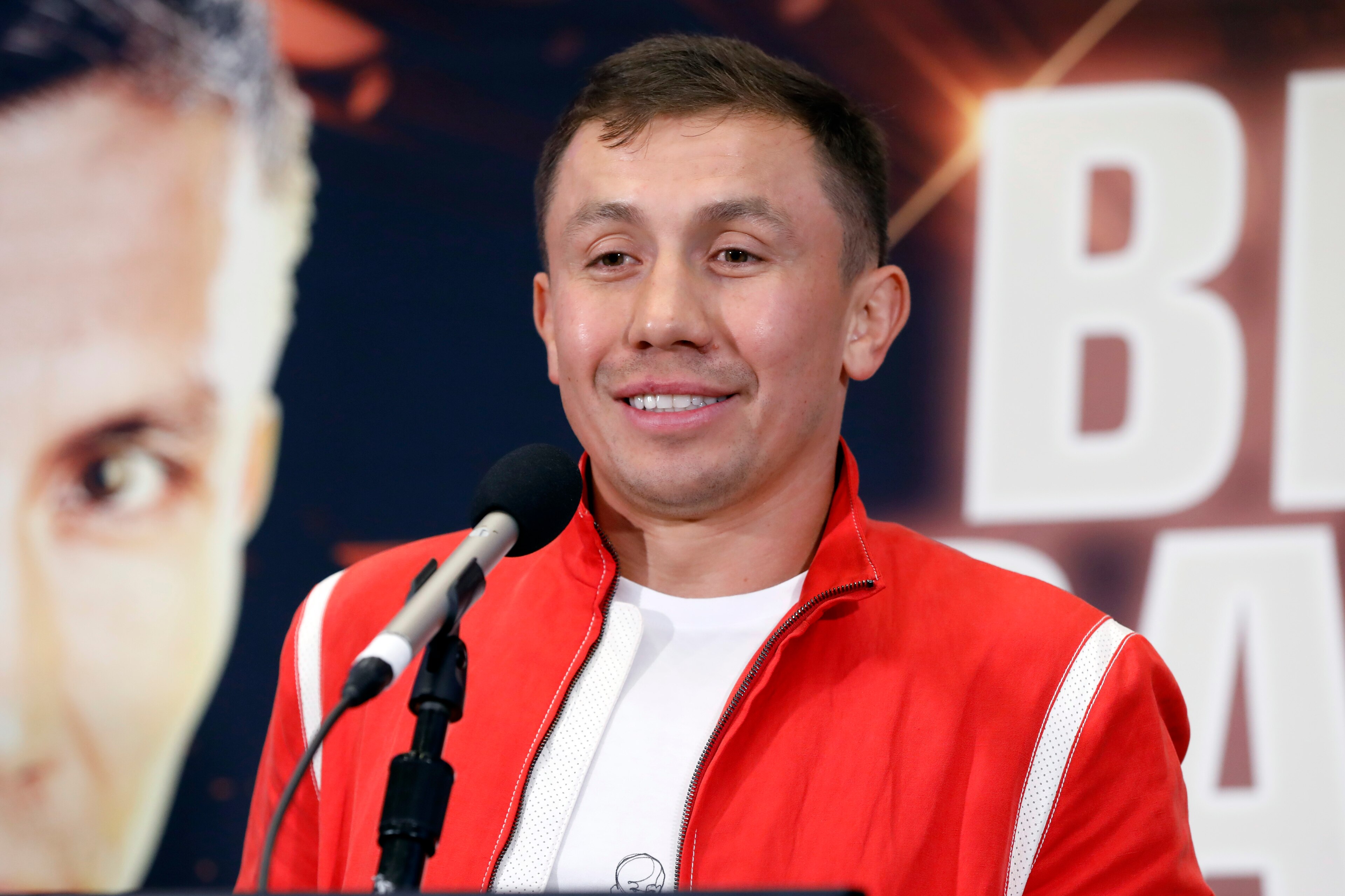 Kazakhstan's Gennady Golovkin, Ukraine's Serhiy Derevianchenko, during a news conference at New York's Madison Square Garden, Thursday, Aug. 22, 2019. They formally announced their bout for the vacant IBF Middleweight title at the Garden on Saturday October 5, 2019. (AP Photo/Richard Drew)