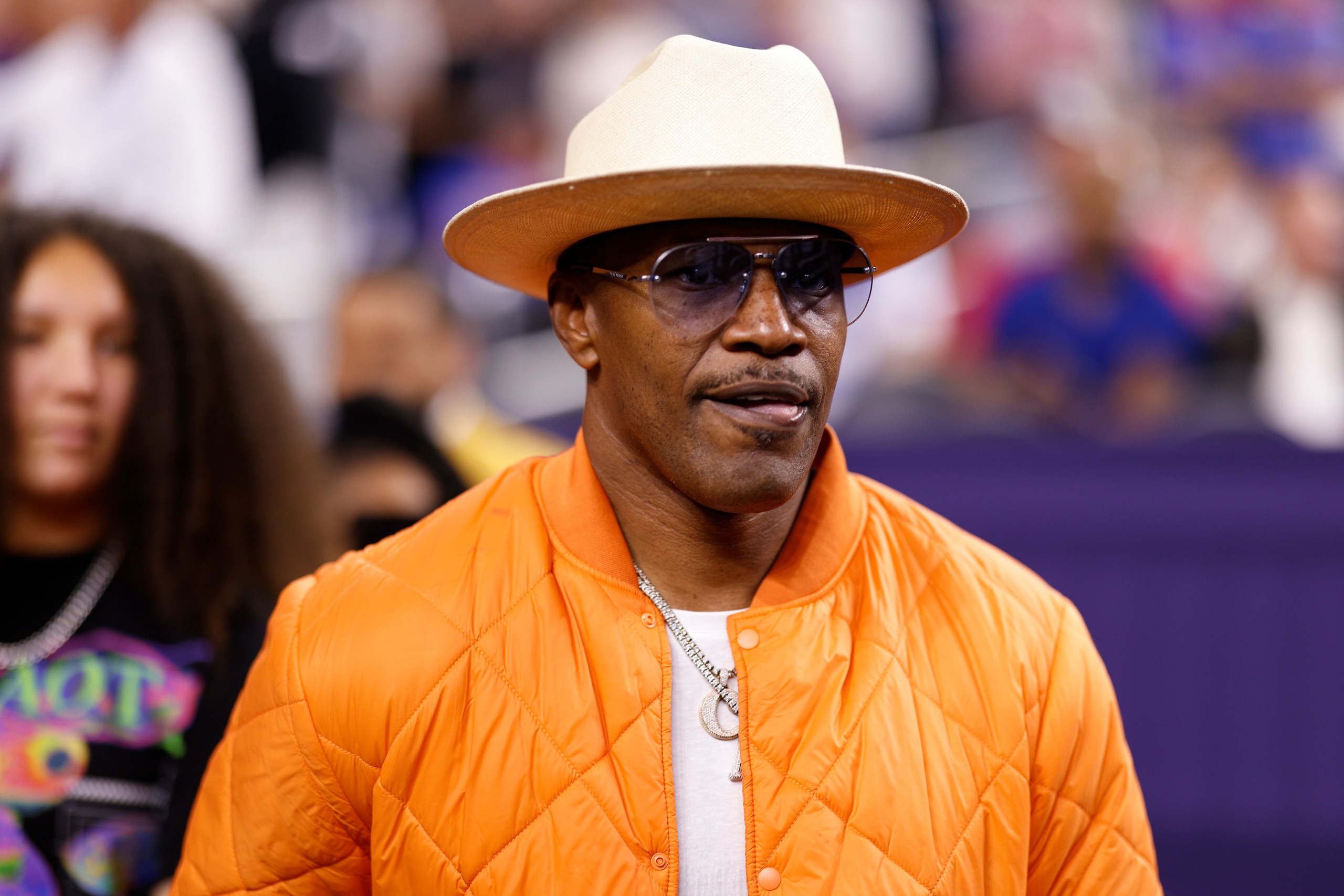 NEW ORLEANS, LA - APRIL 02: Actor Jamie Foxx attends the game between the North Carolina Tar Heels and the Duke Blue Devils during the 2022 NCAA Men's Basketball Tournament Final Four at Caesars Superdome on April 2, 2022 in New Orleans, Louisiana. (Photo by Lance King/Getty Images)