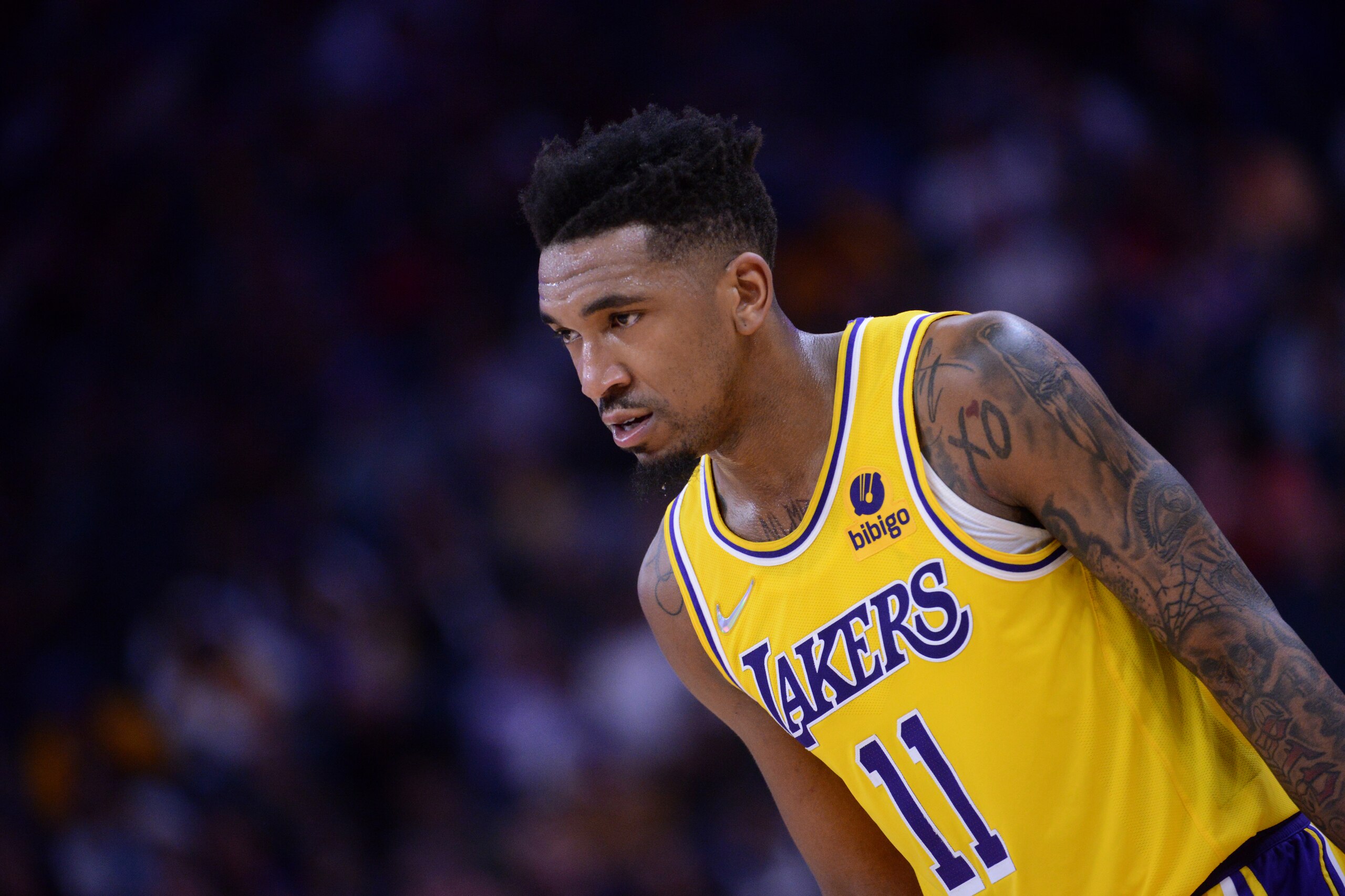 SAN FRANCISCO, CA - APRIL 7: Malik Monk #11 of the Los Angeles Lakers looks on during the game against the Golden State Warriors on April 7, 2022 at Chase Center in San Francisco, California. NOTE TO USER: User expressly acknowledges and agrees that, by downloading and or using this photograph, user is consenting to the terms and conditions of Getty Images License Agreement. Mandatory Copyright Notice: Copyright 2022 NBAE (Photo by Noah Graham/NBAE via Getty Images) SAN FRANCISCO, CA - APRIL 7: Malik Monk #11 of the Los Angeles Lakers looks on during the game against the Golden State Warriors on April 7, 2022 at Chase Center in San Francisco, California. NOTE TO USER: User expressly acknowledges and agrees that, by downloading and or using this photograph, user is consenting to the terms and conditions of Getty Images License Agreement. Mandatory Copyright Notice: Copyright 2022 NBAE (Photo by Noah Graham/NBAE via Getty Images)