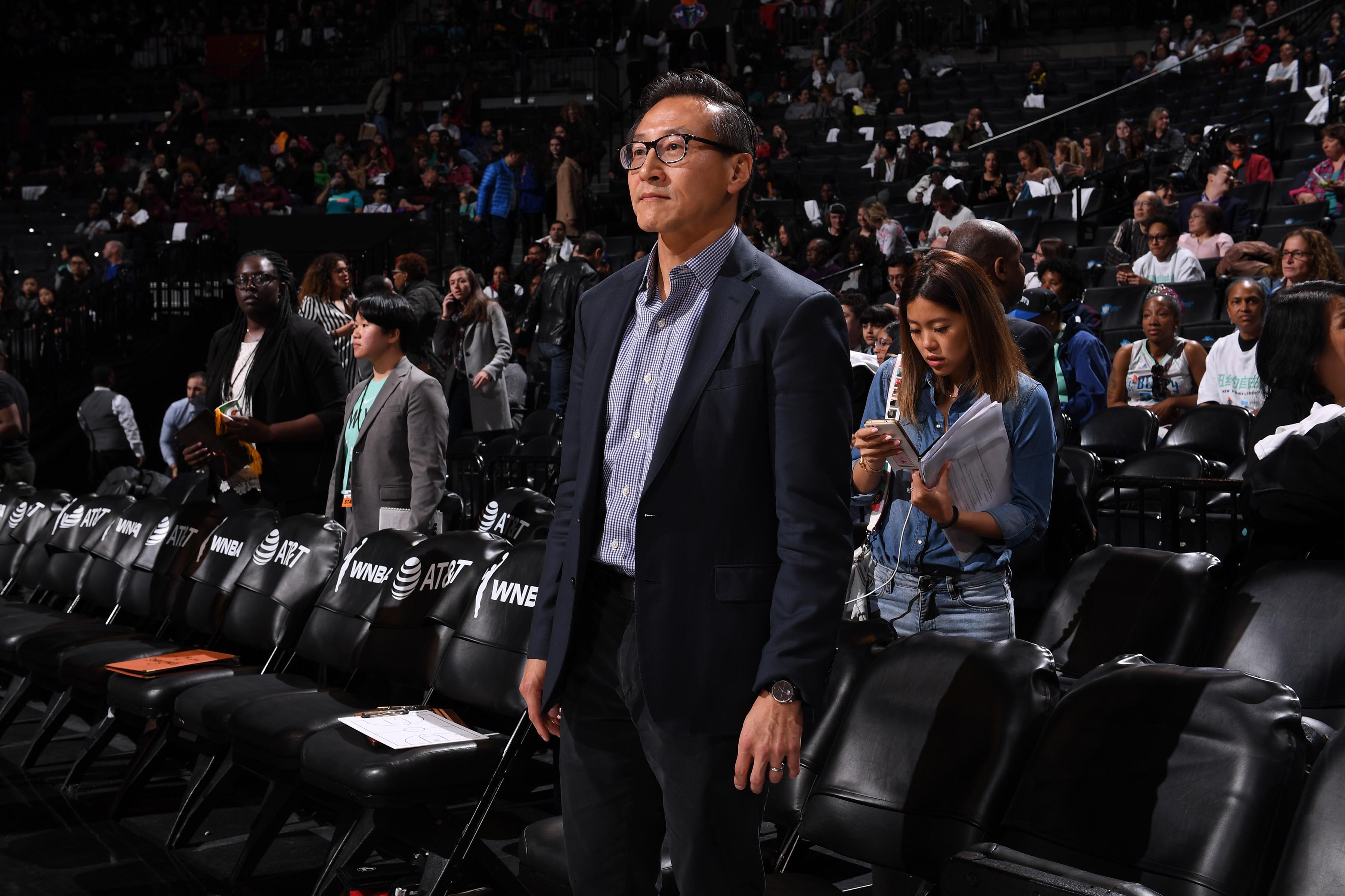 BROOKLYN, NY - MAY 9: The Brooklyn Nets and The New York Liberty Owner, Joseph C. Tsai, looks on prior to a game against the China National Team on May 9, 2019 at the Barclays Center in Brooklyn, New York. NOTE TO USER: User expressly acknowledges and agrees that, by downloading and or using this photograph, User is consenting to the terms and conditions of the Getty Images License Agreement. Mandatory Copyright Notice: Copyright 2019 NBAE  (Photo by Matteo Marchi/NBAE via Getty Images)