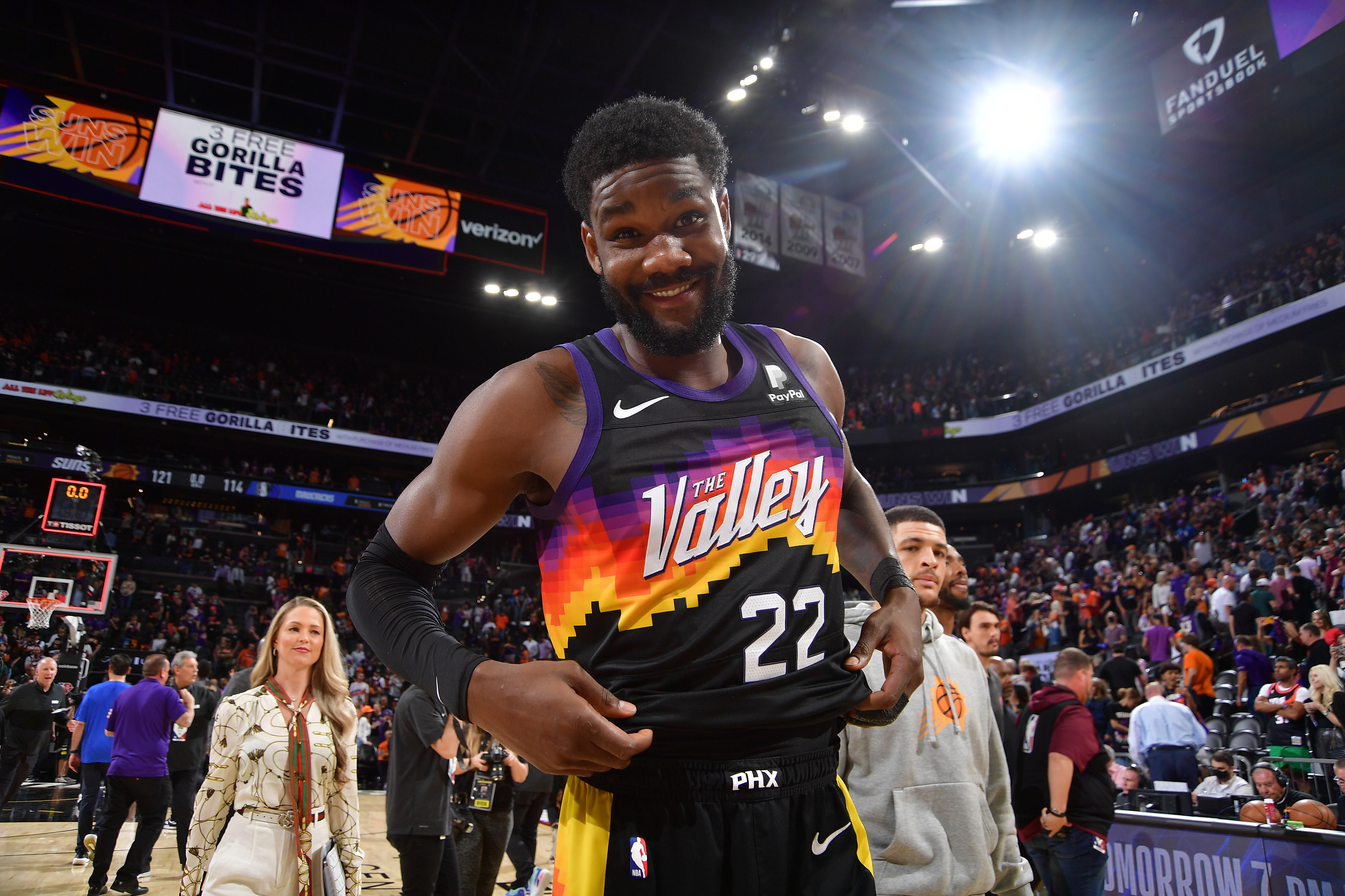 PHOENIX, AZ - MAY 2: Deandre Ayton #22 of the Phoenix Suns smiles after Game 1 of the 2022 NBA Playoffs Western Conference Semifinals on May 2, 2022 at Footprint Center in Phoenix, Arizona. NOTE TO USER: User expressly acknowledges and agrees that, by downloading and or using this photograph, user is consenting to the terms and conditions of the Getty Images License Agreement. Mandatory Copyright Notice: Copyright 2022 NBAE (Photo by Michael Gonzales/NBAE via Getty Images)