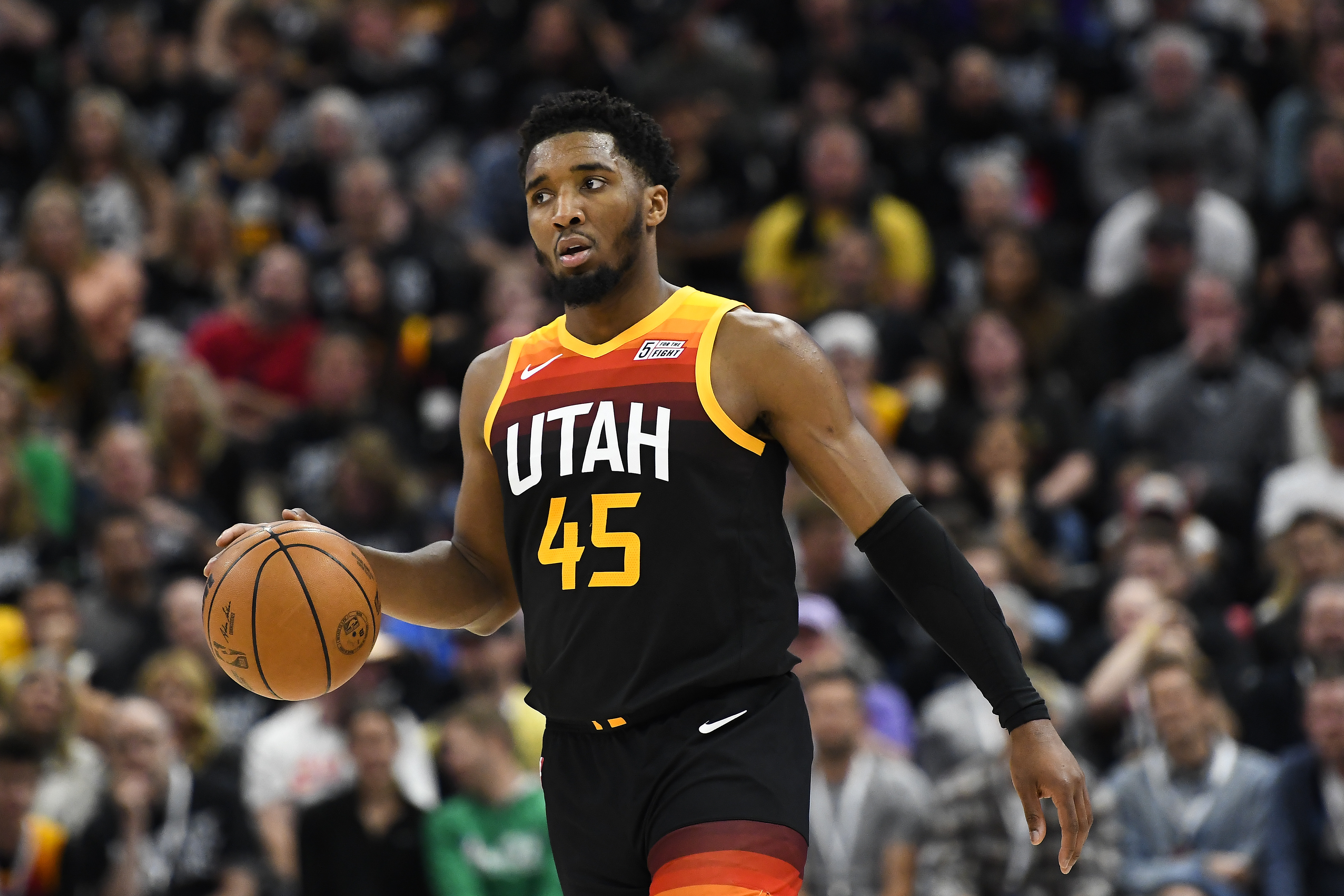 SALT LAKE CITY, UTAH - APRIL 28: Donovan Mitchell #45 of the Utah Jazz in action during the second half of Game 6 of the Western Conference First Round Playoffs against the Dallas Mavericks at Vivint Smart Home Arena on April 28, 2022 in Salt Lake City, Utah. NOTE TO USER: User expressly acknowledges and agrees that, by downloading and/or using this Photograph, user is consenting to the terms and conditions of the Getty Images License Agreement. (Photo by Alex Goodlett/Getty Images)