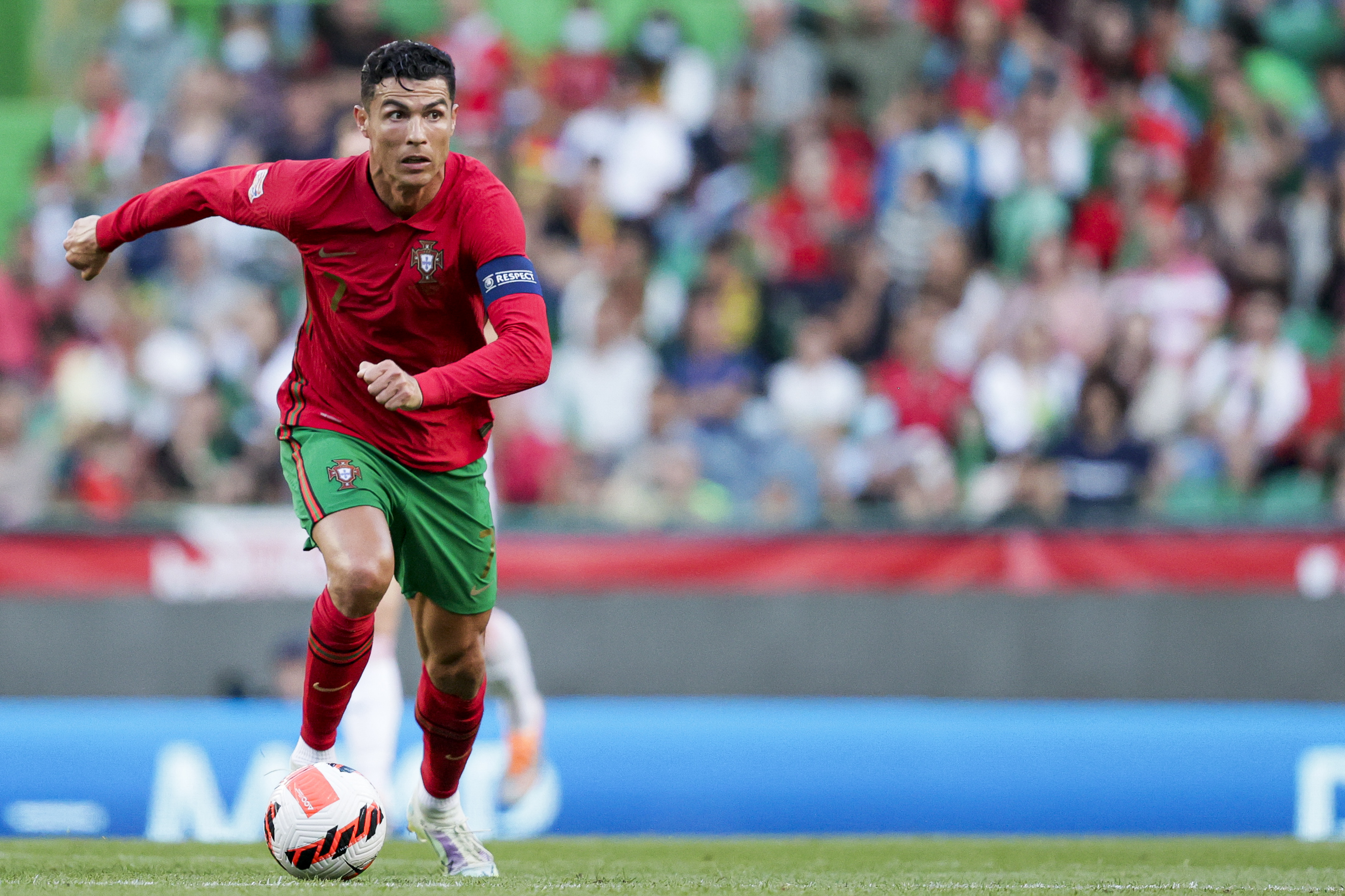, PORTUGAL - JUNE 9: Cristiano Ronaldo of Portugal during the  UEFA Nations league match between Portugal  v Czech Republic at the Estadio Jose Alvalade on June 9, 2022 (Photo by David S. Bustamante/Soccrates/Getty Images)
