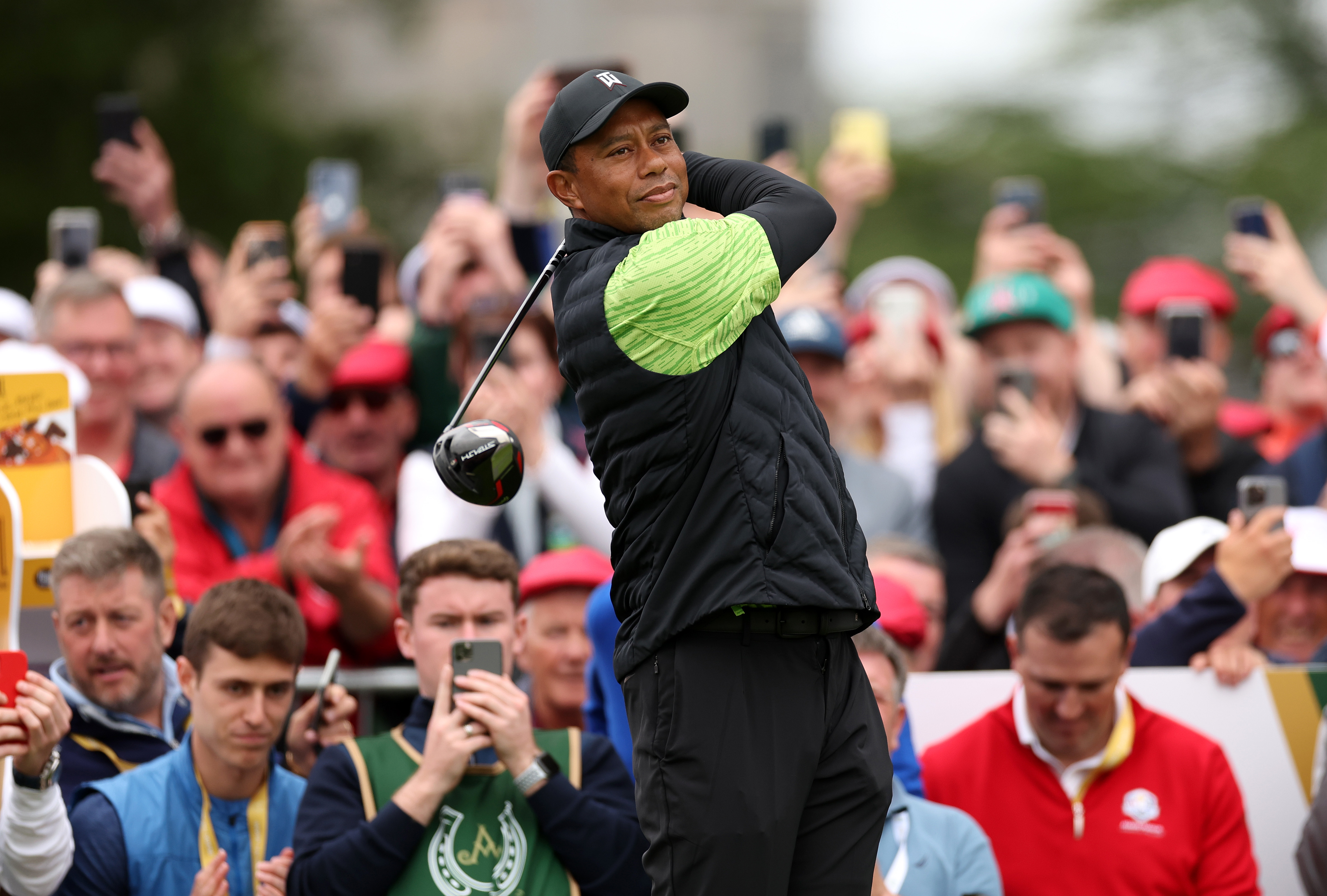 LIMERICK, IRELAND - JULY 04: Tiger woods of United States plays his tee shot at the 1st hole during Day One of the JP McManus Pro-Am at Adare Manor on July 04, 2022 in Limerick, Ireland. (Photo by Oisin Keniry/Getty Images)
