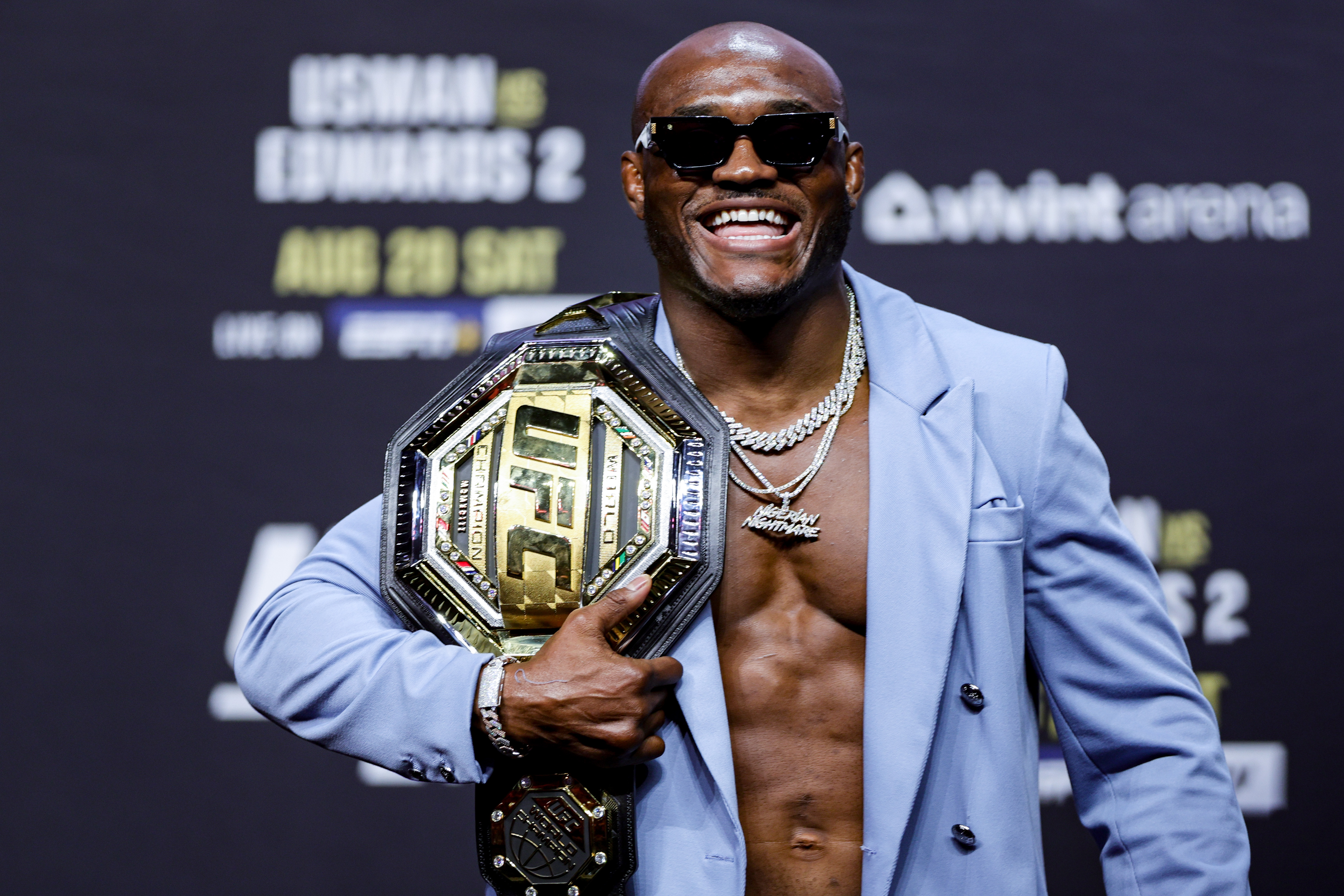 LAS VEGAS, NEVADA - JULY 01: UFC welterweight champion Kamaru Usman is seen on stage during the UFC 276 ceremonial weigh-in at T-Mobile Arena on July 01, 2022 in Las Vegas, Nevada. (Photo by Carmen Mandato/Getty Images)