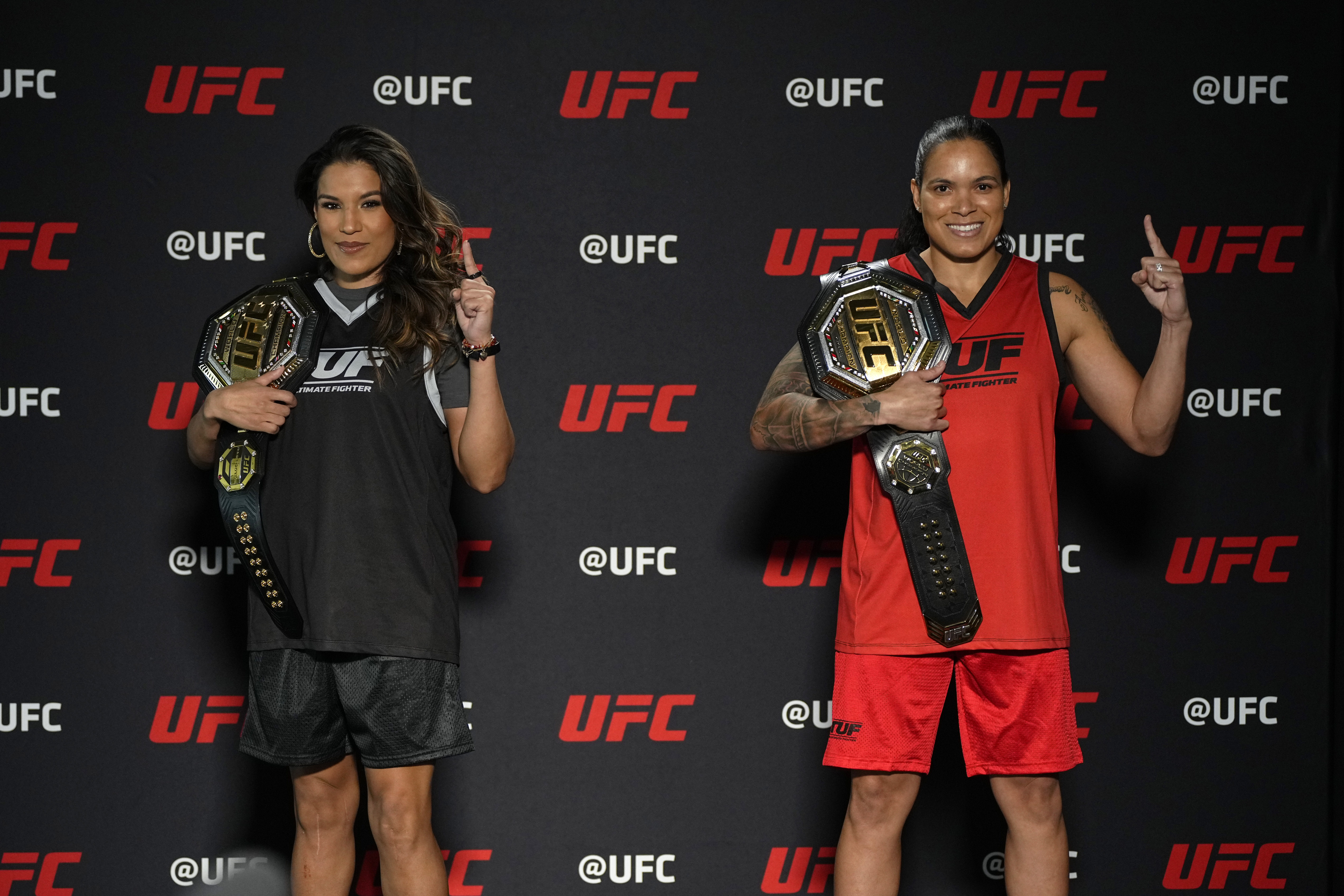 LAS VEGAS, NEVADA - FEBRUARY 07: (L-R) Julianna Pena and Amanda Nunes pose for photos during The Ultimate Fighter media day on February 7, 2022 in Las Vegas, Nevada. (Photo by Jeff Bottari/Zuffa LLC)
