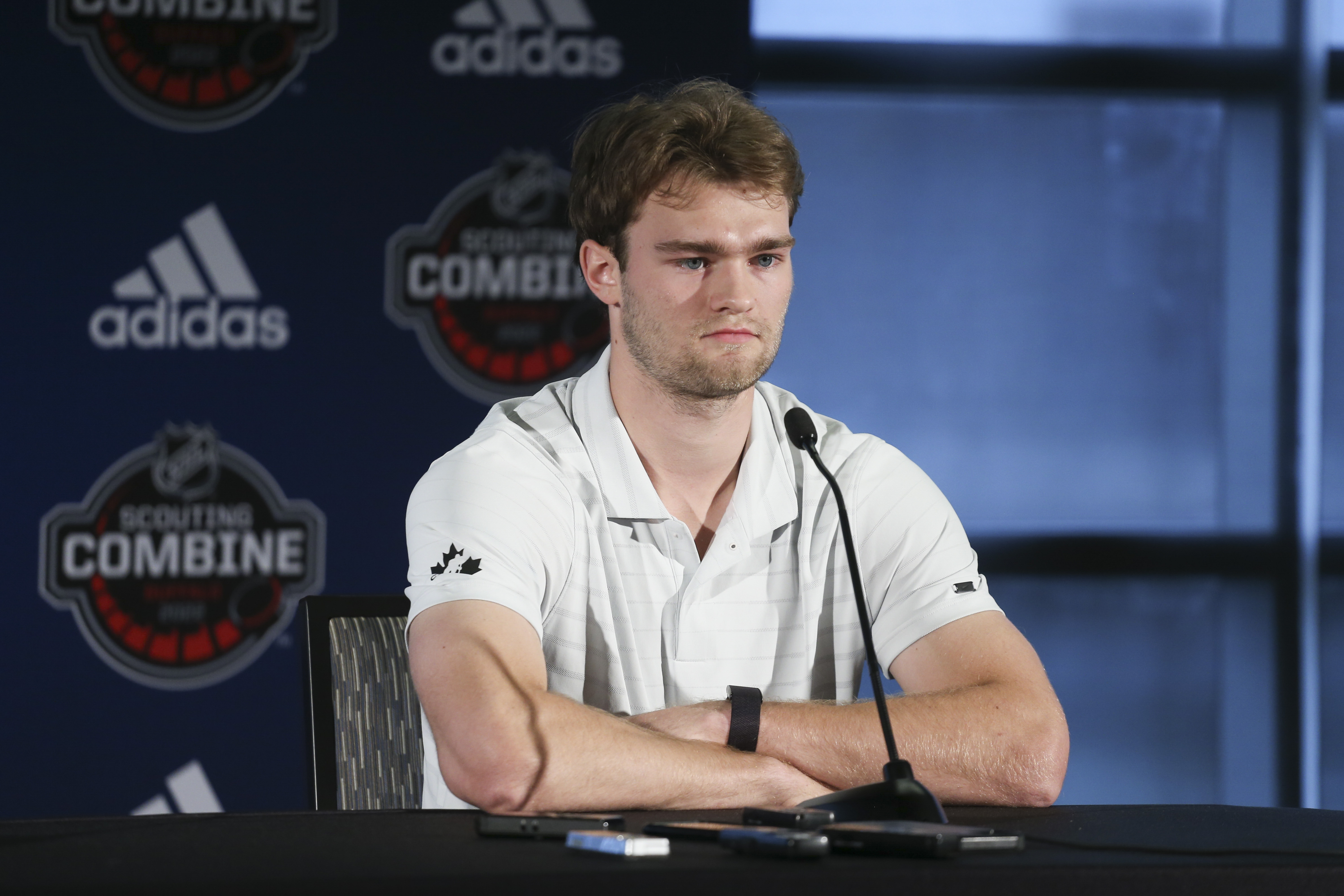 BUFFALO, NEW YORK - JUNE 03: Shane Wright speaks at the Top Prospects Media Availability at the NHL Scouting Combine at HarborCenter on June 03, 2022 in Buffalo, New York. (Photo by Joshua Bessex/NHLI via Getty Images)
