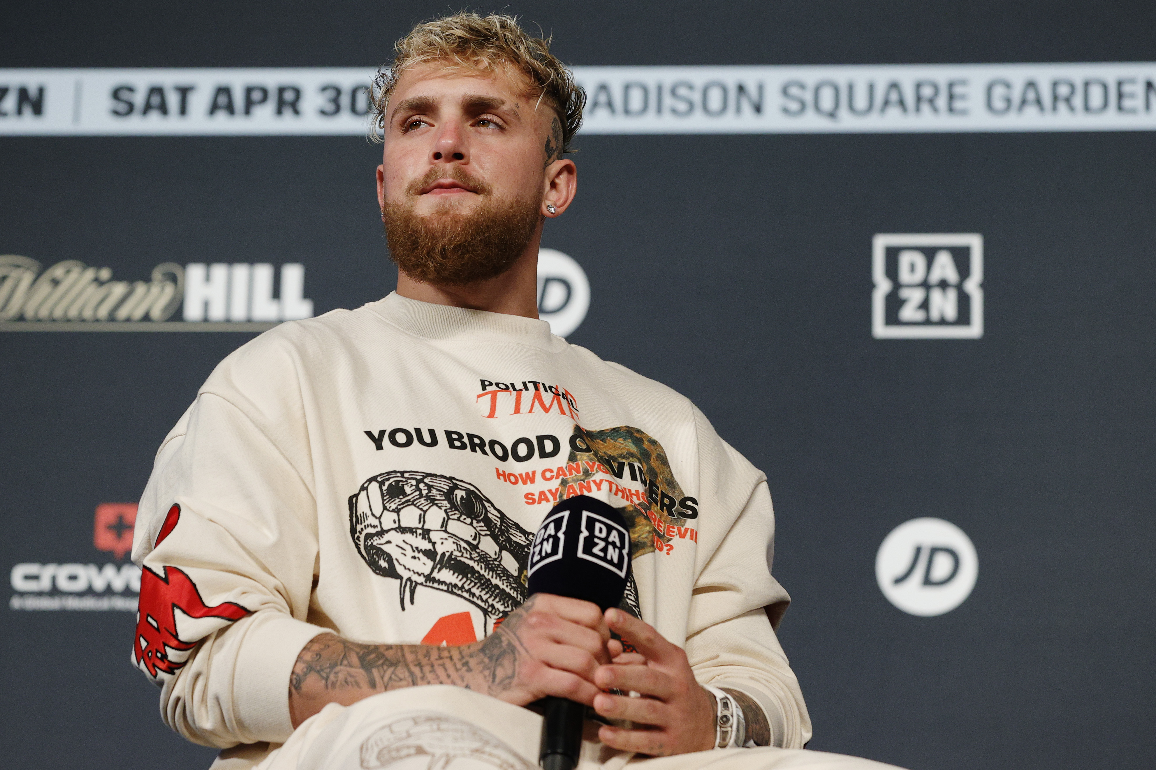 NEW YORK, NEW YORK - APRIL 29: Most Valuable Promotions founder Jake Paul looks on during the Weigh-In leading up to the World Lightweight Title fight between Katie Taylor and Amanda Serrano at The Hulu Theater at Madison Square Garden on April 29, 2022 in New York, New York. The bout will be the first women's combat sports fight to headline Madison Square Garden. (Photo by Sarah Stier/Getty Images)