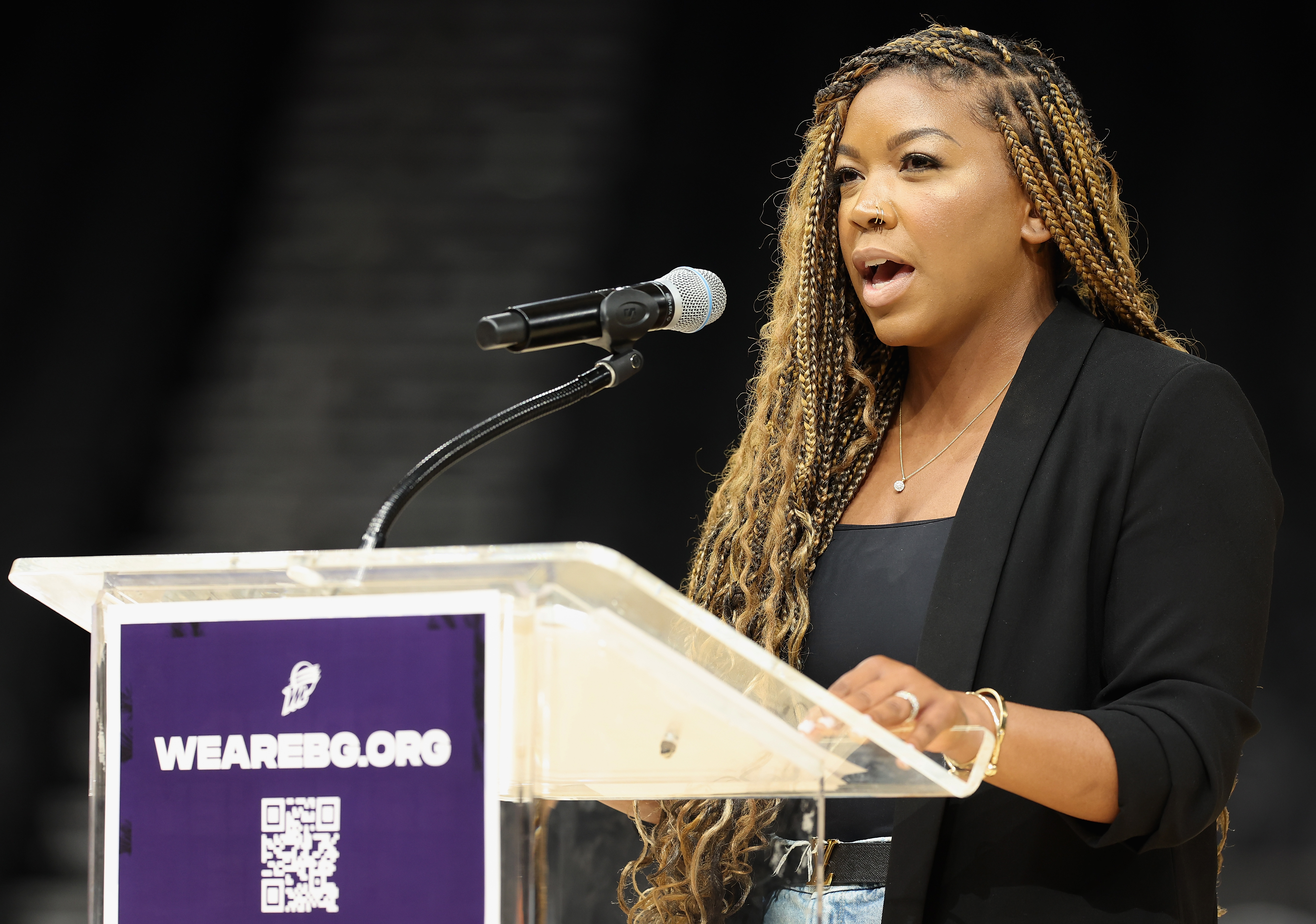 PHOENIX, ARIZONA - JULY 06: Cherelle Griner, the wife of Brittney Griner, speaks during a rally to support the release of detained American professional athlete Britney Griner at Footprint Center on July 06, 2022 in Phoenix, Arizona. WNBA star and Phoenix Mercury athlete Brittney Griner was detained on February 17 at a Moscow-area airport after cannabis oil was allegedly found in her luggage. (Photo by Christian Petersen/Getty Images)