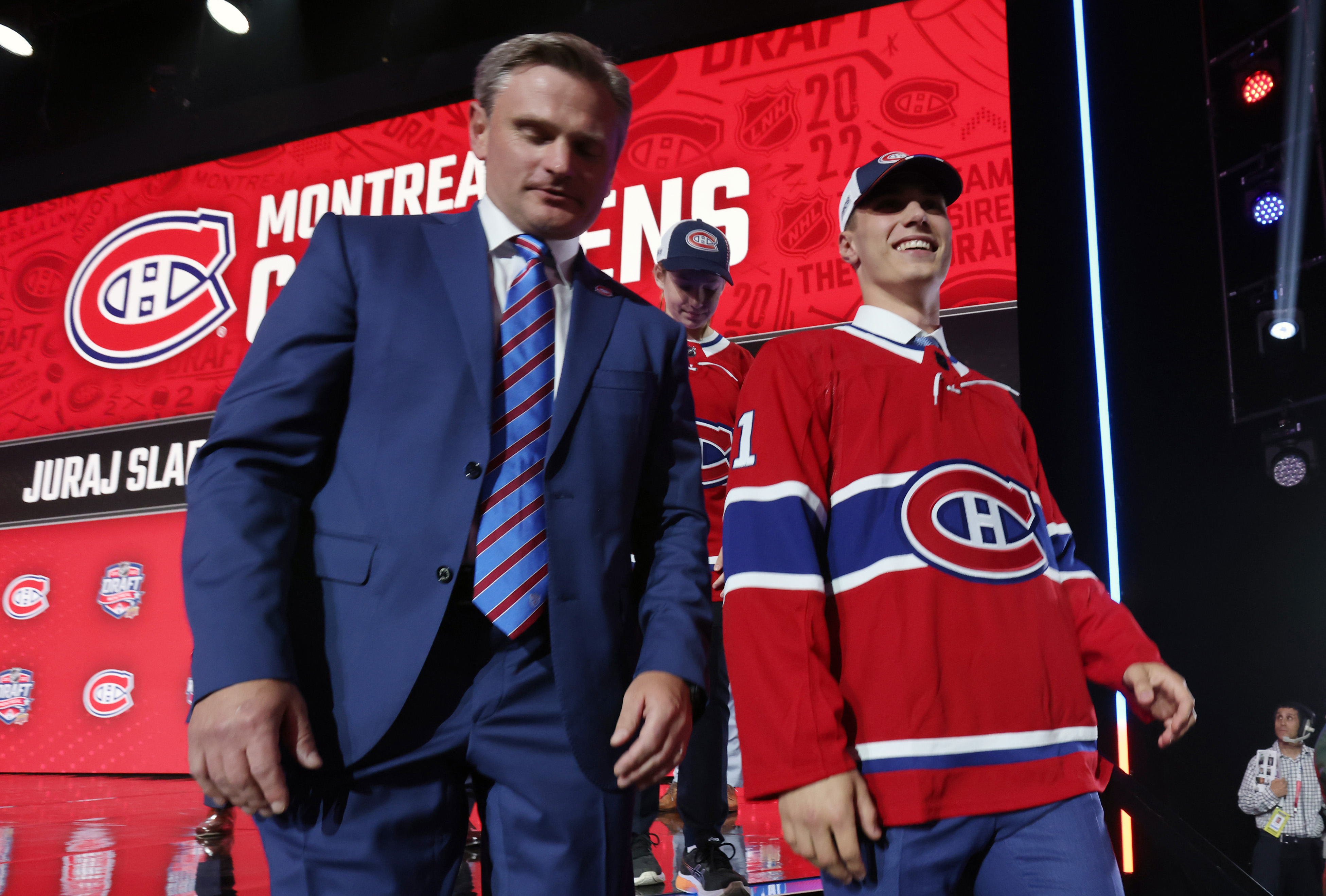 MONTREAL, QUEBEC - JULY 07: Juraj Slafkovsky of the Montreal Canadiens, first overall pick of the 2022 Upper Deck NHL Draft, walks offstage at Bell Centre on July 07, 2022 in Montreal, Quebec. (Photo by Dave Sandford/NHLI via Getty Images)