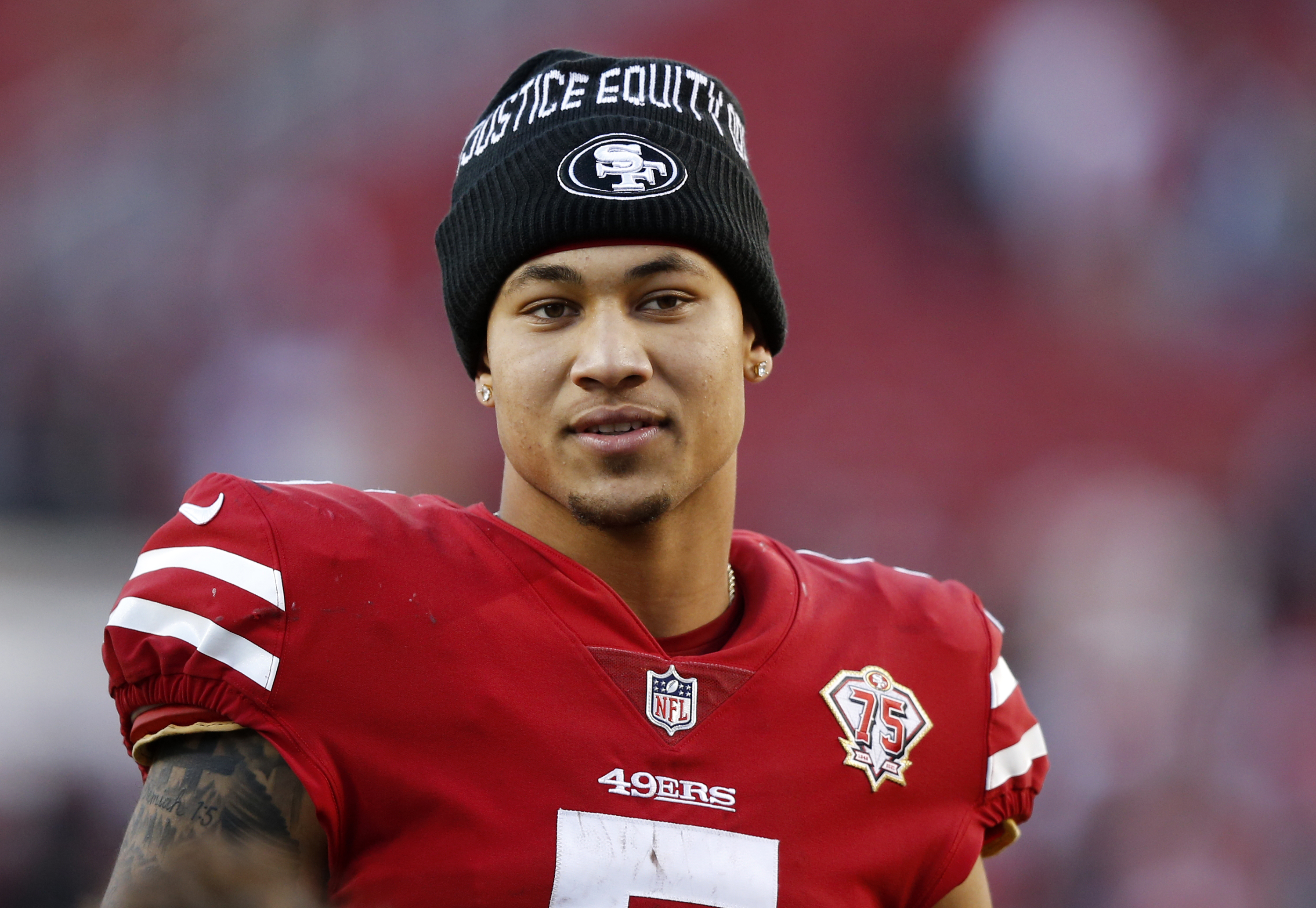SANTA CLARA, CALIFORNIA - JANUARY 02: Trey Lance #5 of the San Francisco 49ers leaves the field after defeating the Houston Texans 23-7 at Levi's Stadium on January 02, 2022 in Santa Clara, California. (Photo by Lachlan Cunningham/Getty Images)