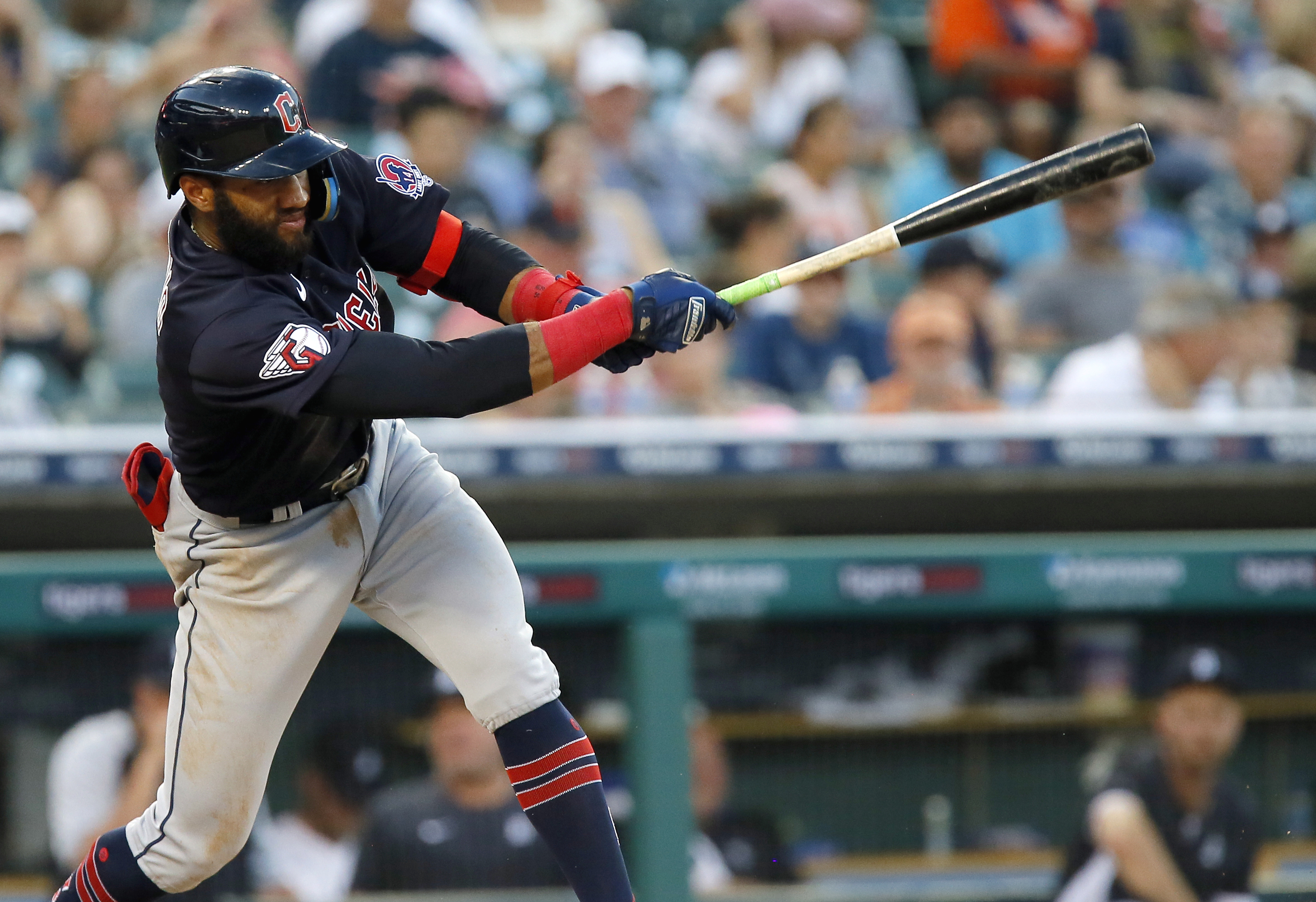 DETROIT, MI - JULY 5: Amed Rosario #1 of the Cleveland Guardians bats against the Detroit Tigers during the fifth inning at Comerica Park on July 5, 2022, in Detroit, Michigan. (Photo by Duane Burleson/Getty Images)