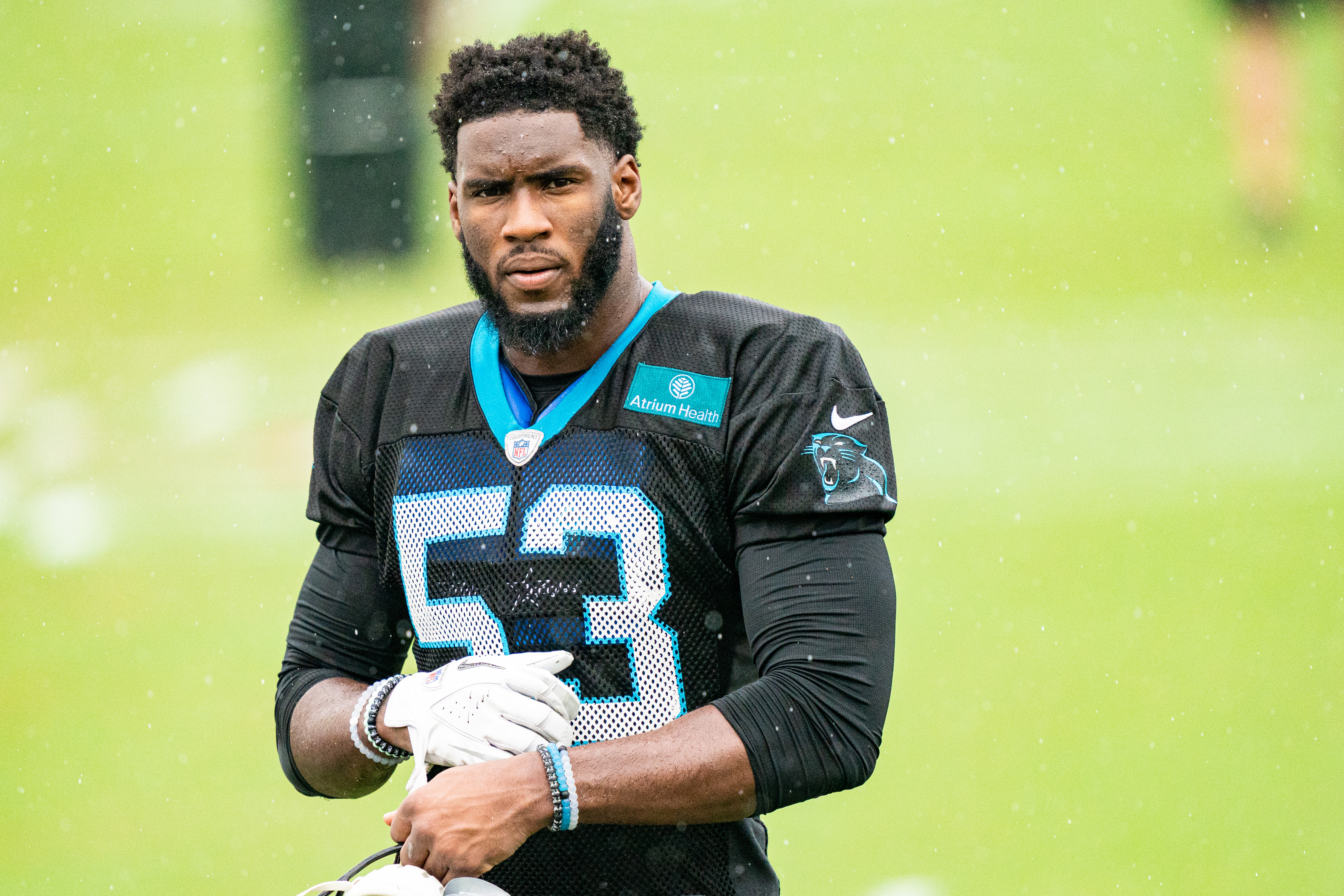 CHARLOTTE, NORTH CAROLINA - AUGUST 21: Brian Burns #53 of the Carolina Panthers during the Carolina Panthers Training Camp at Bank of America Stadium on August 21, 2020 in Charlotte, North Carolina. (Photo by Jacob Kupferman/Getty Images)