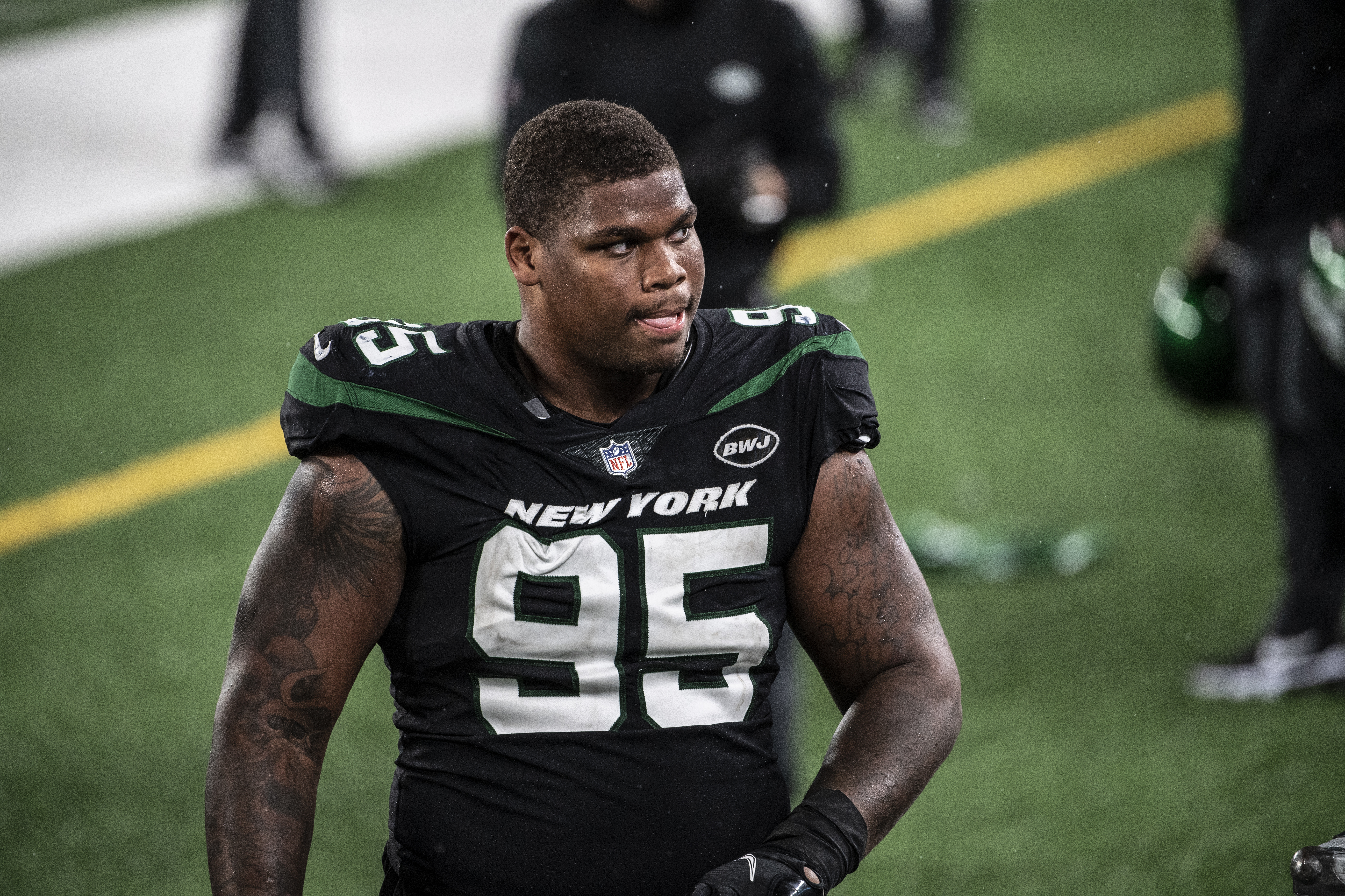EAST RUTHERFORD, NJ - OCTOBER 01: Quinnen Williams #95 of the New York Jets at MetLife Stadium on October 1, 2020 in East Rutherford, New Jersey. (Photo by Benjamin Solomon/Getty Images)