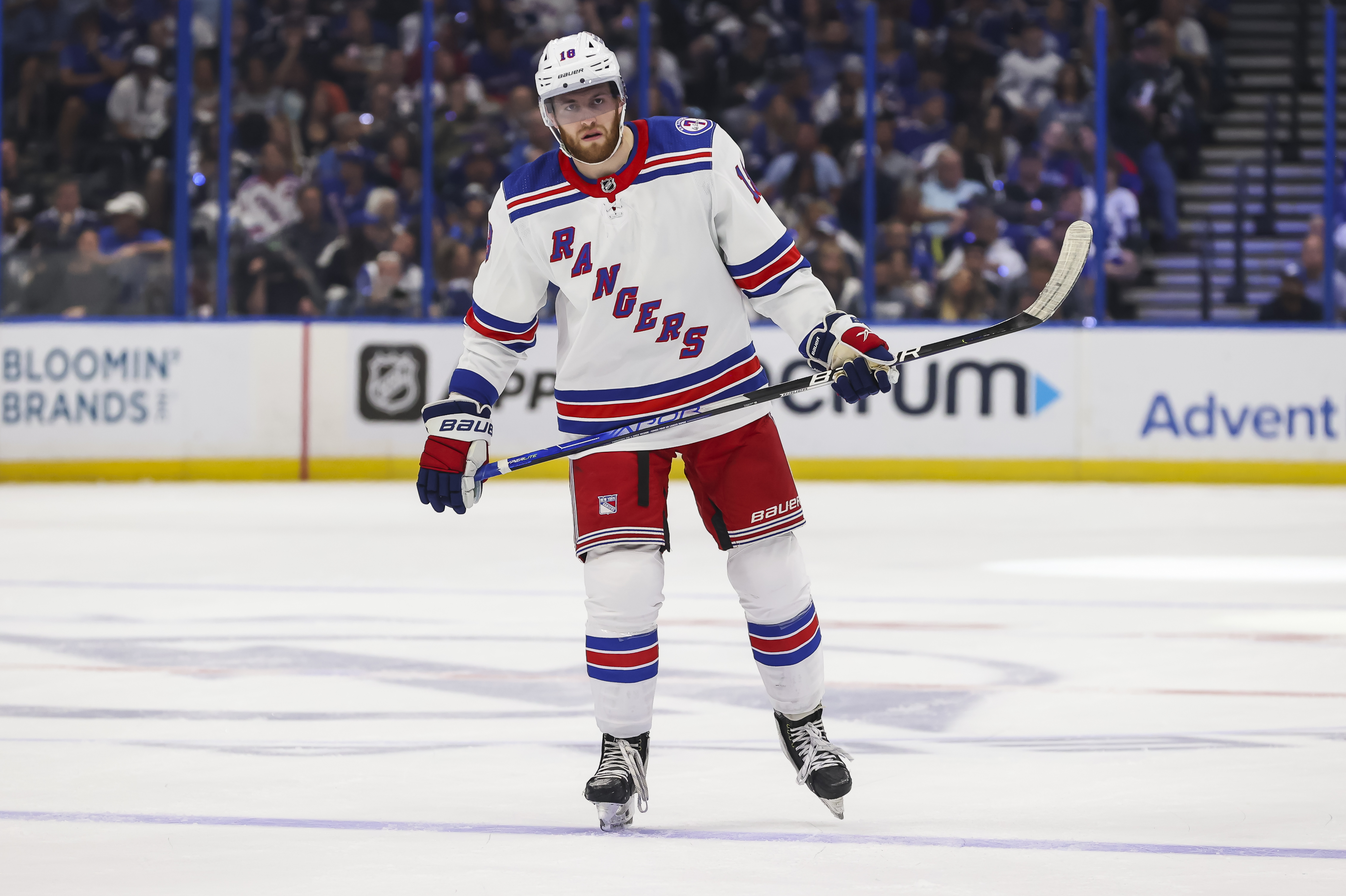 TAMPA, FL - JUNE 7: Andrew Copp #18 of the New York Rangers against the Tampa Bay Lightning during the first period in Game Four of the Eastern Conference Final of the 2022 Stanley Cup Playoffs at Amalie Arena on June 7, 2022 in Tampa, Florida. (Photo by Mark LoMoglio/NHLI via Getty Images)