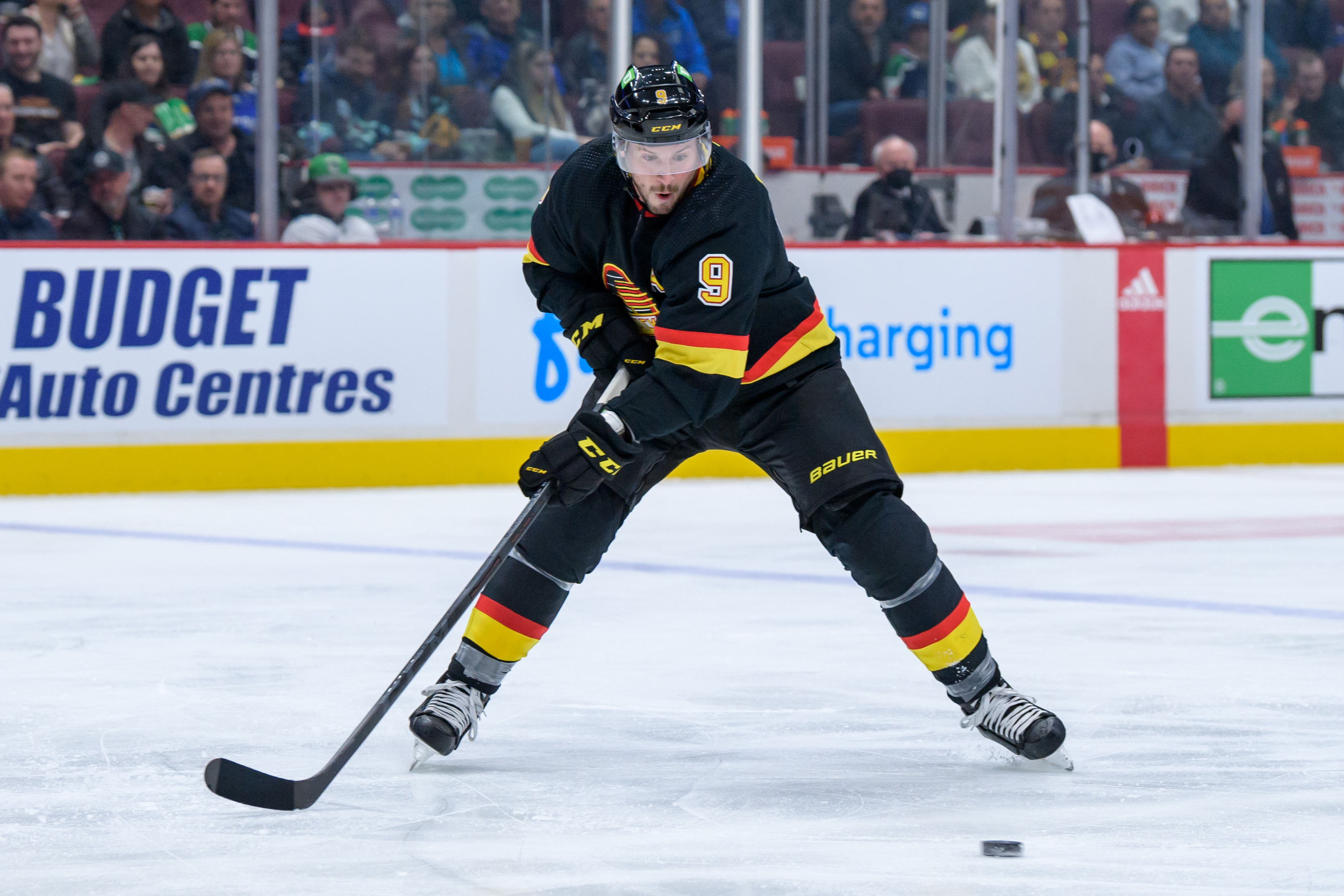 VANCOUVER, BC - APRIL 26: Vancouver Canucks center J.T. Miller (9) skates with the puck during their NHL game against the Seattle Kraken at Rogers Arena on April 26, 2022 in Vancouver, British Columbia, Canada. (Photo by Derek Cain/Icon Sportswire via Getty Images)