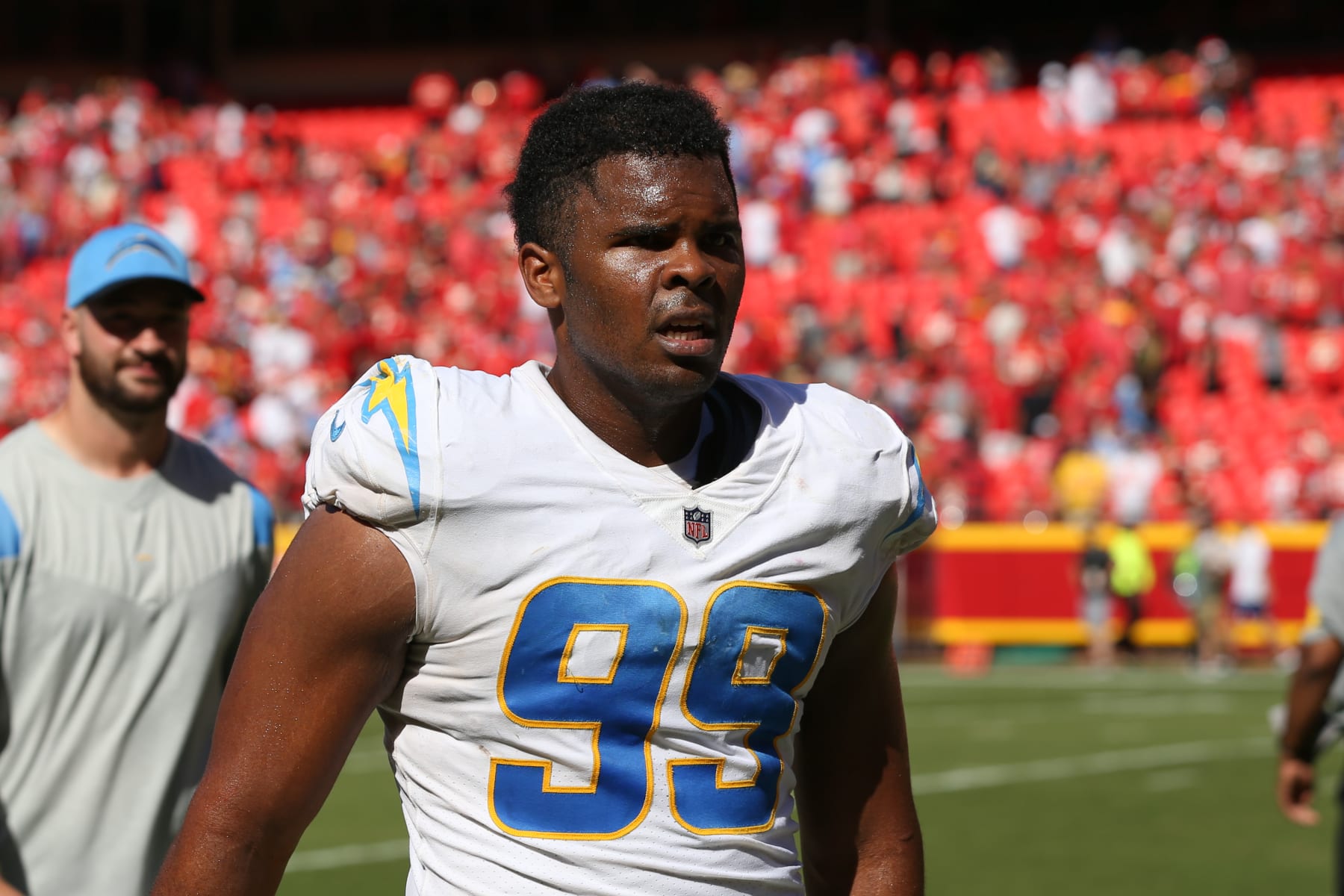 KANSAS CITY, MO - SEPTEMBER 26: Los Angeles Chargers defensive tackle Jerry Tillery (99) after an AFC West matchup between the Los Angeles Chargers and Kansas City Chiefs on Sep 26, 2021 at GEHA Filed at Arrowhead Stadium in Kansas City, MO. (Photo by Scott Winters/Icon Sportswire via Getty Images)