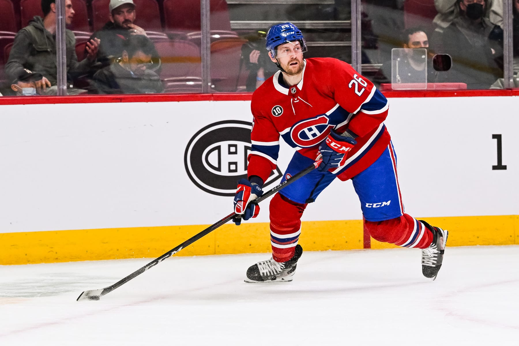 MONTREAL, QC - APRIL 24: Montreal Canadiens defenceman Jeff Petry (26) plays the puck during the Boston Bruins versus the Montreal Canadiens game on April 24, 2022 at Bell Centre in Montreal, QC (Photo by David Kirouac/Icon Sportswire via Getty Images)