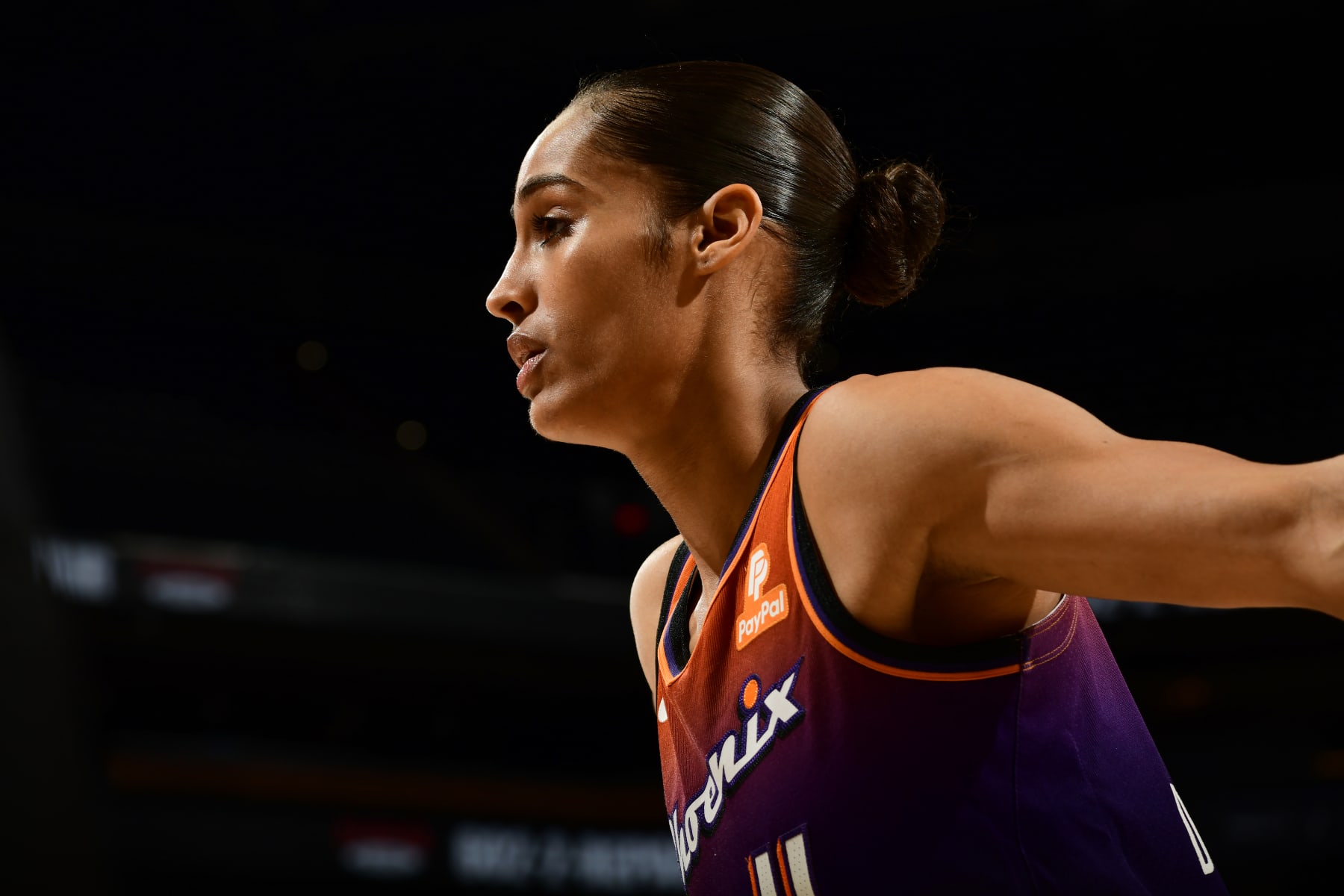 PHOENIX, AZ - JULY 14: Skylar Diggins-Smith #4 of the Phoenix Mercury looks on during the game against the Washington Mystics on July 14, 2022 at Footprint Center in Phoenix, Arizona. NOTE TO USER: User expressly acknowledges and agrees that, by downloading and or using this photograph, user is consenting to the terms and conditions of the Getty Images License Agreement. Mandatory Copyright Notice: Copyright 2022 NBAE (Photo by Kate Frese/NBAE via Getty Images)