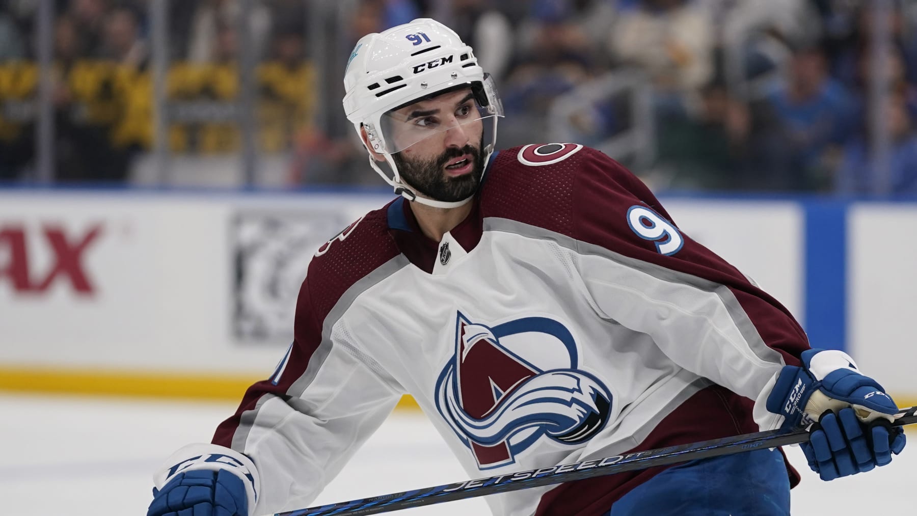 Colorado Avalanche's Nazem Kadri in action during the third period in Game 6 of an NHL hockey Stanley Cup second-round playoff series against the St. Louis Blues Friday, May 27, 2022, in St. Louis. (AP Photo/Jeff Roberson)