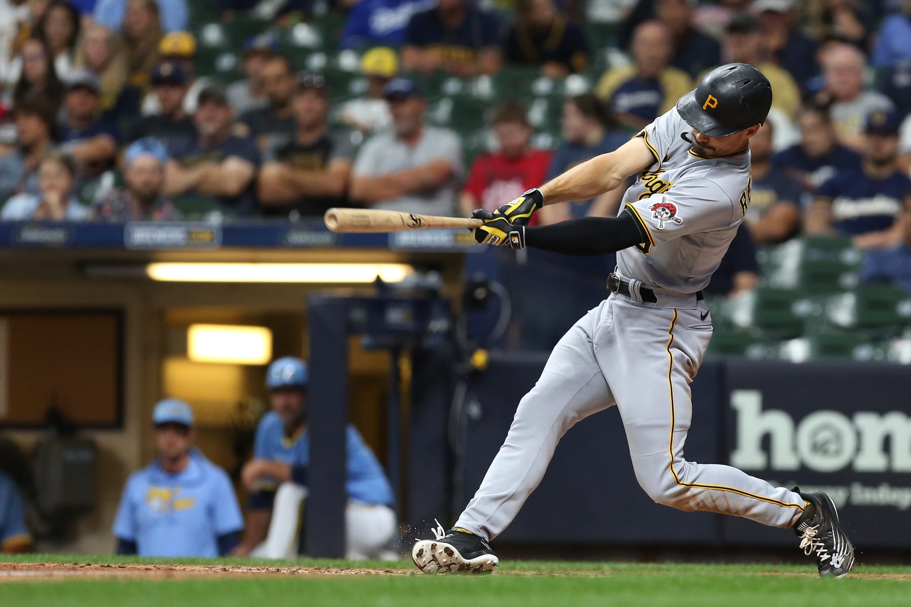 MILWAUKEE, WI - JULY 08: Pittsburgh Pirates center fielder Bryan Reynolds (10) gets a hit during a game between the Milwaukee Brewers and the Pittsburgh Pirates at American Family Field on July 8, 2022 in Milwaukee, WI. (Photo by Larry Radloff/Icon Sportswire via Getty Images) MILWAUKEE, WI - JULY 08: Pittsburgh Pirates center fielder Bryan Reynolds (10) gets a hit during a game between the Milwaukee Brewers and the Pittsburgh Pirates at American Family Field on July 8, 2022 in Milwaukee, WI. (Photo by Larry Radloff/Icon Sportswire via Getty Images)