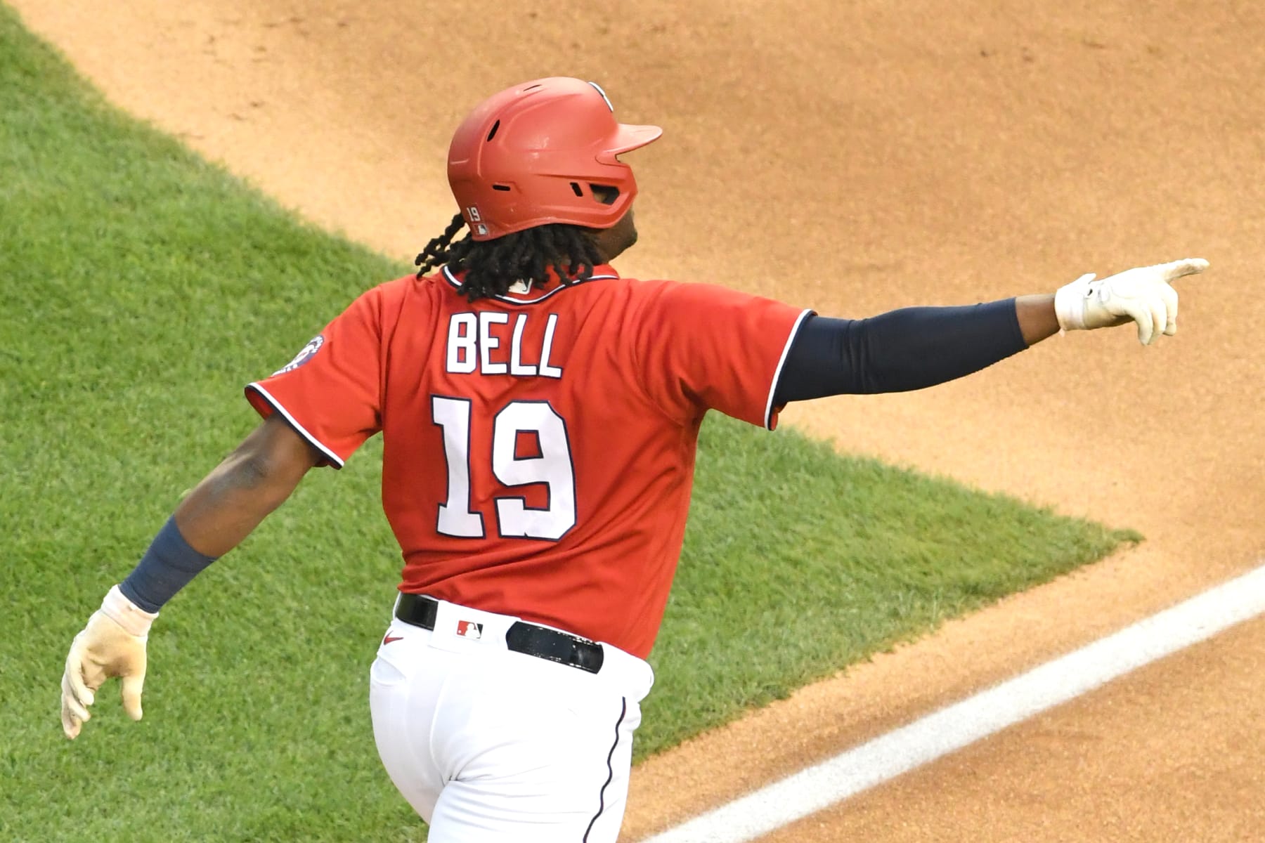WASHINGTON, DC - JULY 14: Josh Bell #19 of the Washington Nationals celebrates a solo home run in the first inning during a baseball game against the Atlanta Braves at Nationals Park on July 14, 2022 in Washington, DC. (Photo by Mitchell Layton/Getty Images) WASHINGTON, DC - JULY 14: Josh Bell #19 of the Washington Nationals celebrates a solo home run in the first inning during a baseball game against the Atlanta Braves at Nationals Park on July 14, 2022 in Washington, DC. (Photo by Mitchell Layton/Getty Images)