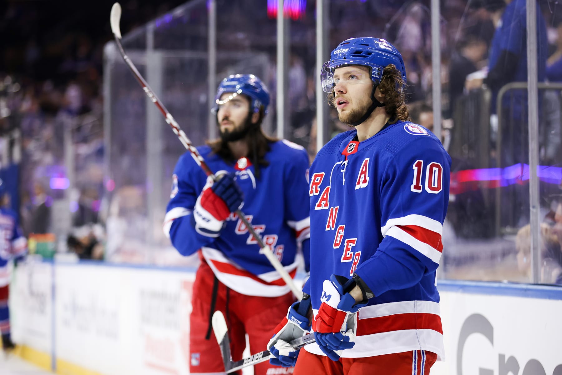 NEW YORK, NY - JUNE 03: New York Rangers Center Mika Zibanejad (93) and New York Rangers Left Wing Artemi Panarin (10) are pictured prior to game 2 of the NHL Stanley Cup Eastern Conference Finals between the Tampa Bay Lightning and the New York Rangers on June 3, 2022 at Madison Square Garden in New York, NY. (Photo by Joshua Sarner/Icon Sportswire via Getty Images)