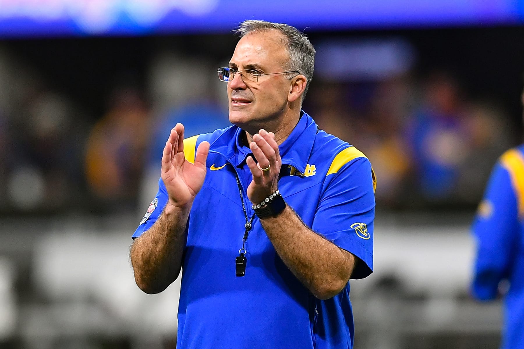 ATLANTA, GA DECEMBER 30: Pittsburgh head coach Pat Narduzzi prior to the start of the Chick-fil-A Peach Bowl between the Michigan State Spartans and Pittsburgh Panthers on December 30th, 2021 at Mercedes Benz Stadium in Atlanta, GA. (Photo by Rich von Biberstein/Icon Sportswire via Getty Images)