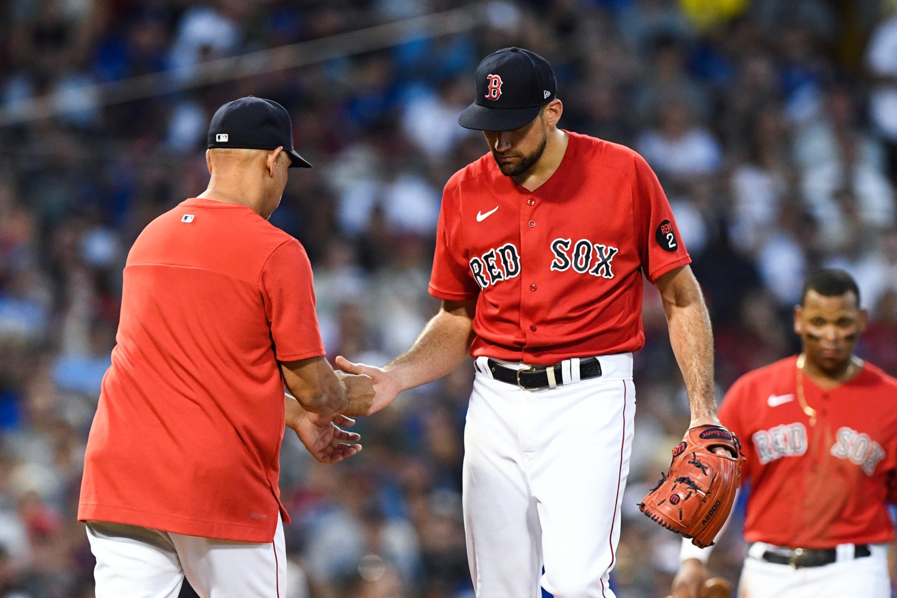 BOSTON, MASSACHUSETTS - JULY 22: Nathan Eovaldi #17 of the Boston Red Sox is taken out of a game by Alex Cora during the third inning against the Toronto Blue Jays at Fenway Park on July 22, 2022 in Boston, Massachusetts. (Photo by Brian Fluharty/Getty Images) BOSTON, MASSACHUSETTS - JULY 22: Nathan Eovaldi #17 of the Boston Red Sox is taken out of a game by Alex Cora during the third inning against the Toronto Blue Jays at Fenway Park on July 22, 2022 in Boston, Massachusetts. (Photo by Brian Fluharty/Getty Images)