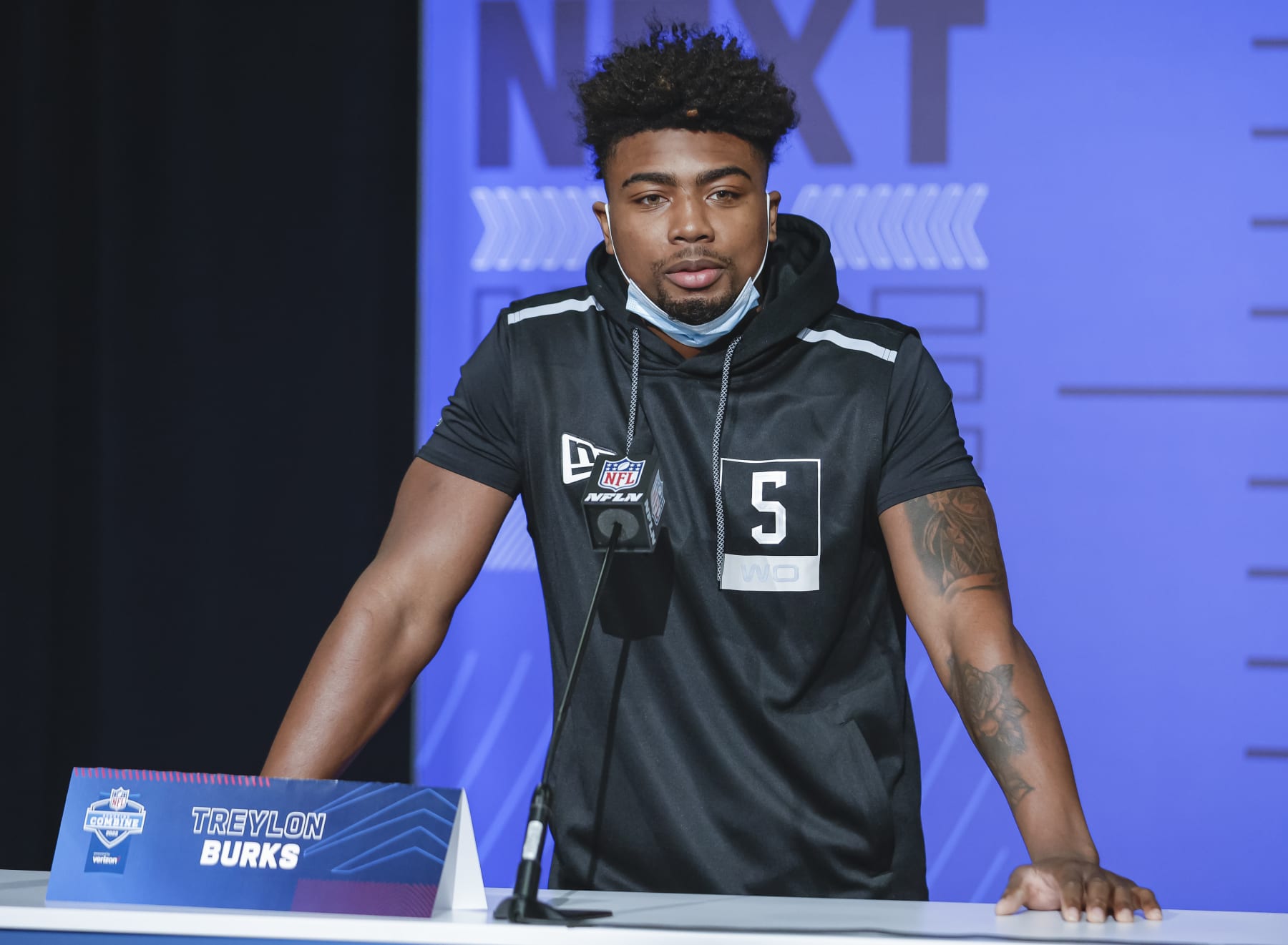 INDIANAPOLIS, IN - MAR 02: Treylon Burks #WO05 of the Arkansas Razorbacks speaks to reporters during the NFL Draft Combine at the Indiana Convention Center on March 2, 2022 in Indianapolis, Indiana. (Photo by Michael Hickey/Getty Images)