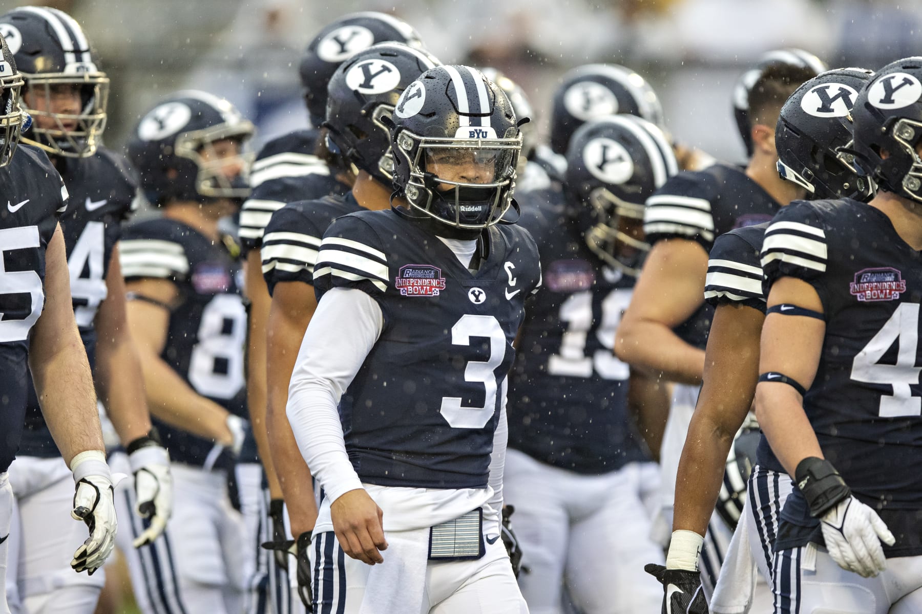 SHREVEPORT, LOUISIANA - DECEMBER 18: Jaren Hall #3 of the BYU Cougars warms up before a game against the UAB Blazers during the Radiance Technologies Independence Bowl at Independence Stadium on December 18, 2021 in Shreveport, Louisiana. (Photo by Wesley Hitt/Getty Images)