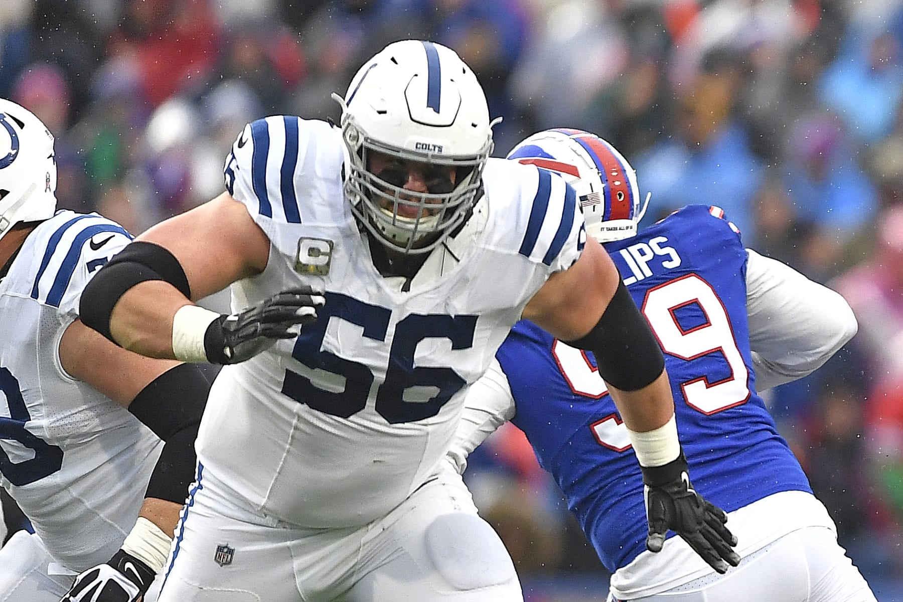Indianapolis Colts guard Quenton Nelson (56) plays during the second half of an NFL football game against the Buffalo Bills in Orchard Park, N.Y., Sunday, Nov. 21, 2021. (AP Photo/Adrian Kraus)