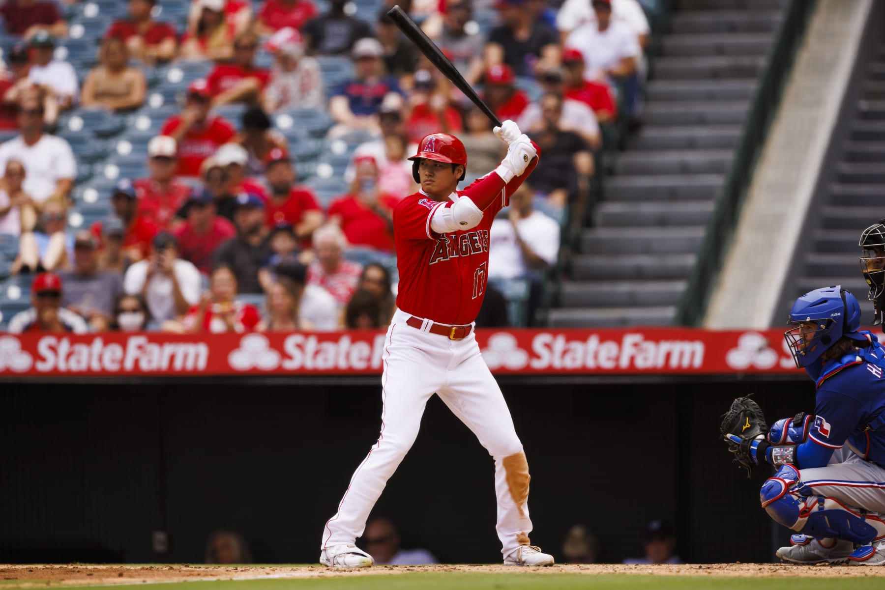 ANAHEIM, CA - JULY 31: Los Angeles Angels starting pitcher Shohei Ohtani (17) at bat during the MLB regular season game against the Texas Rangers on July 31, 2022 at Angel Stadium in Anaheim, Calif. (Photo by Ric Tapia/Icon Sportswire via Getty Images)
