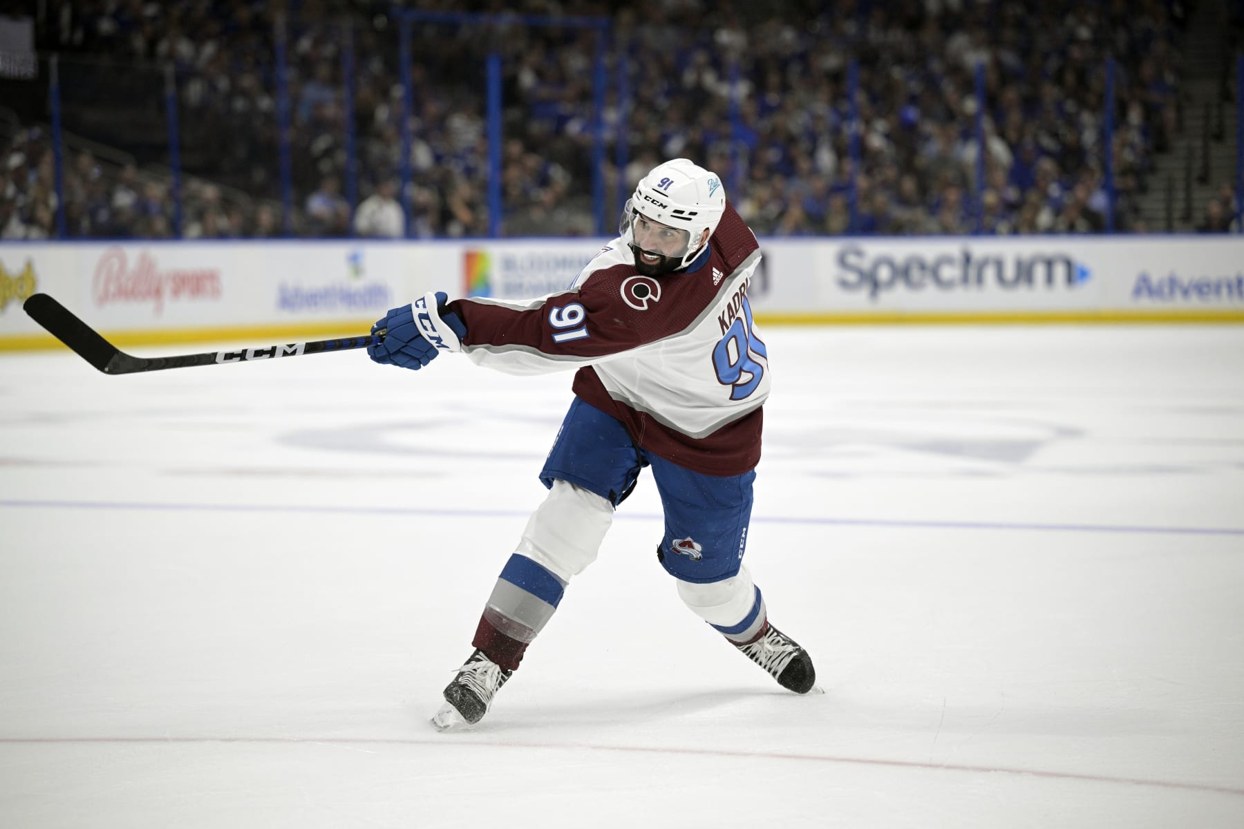 Colorado Avalanche center Nazem Kadri (91) attempts a shot during the second period of Game 6 of the NHL hockey Stanley Cup Finals against the Tampa Bay Lightning on Sunday, June 26, 2022, in Tampa, Fla. (AP Photo/Phelan M. Ebenhack)