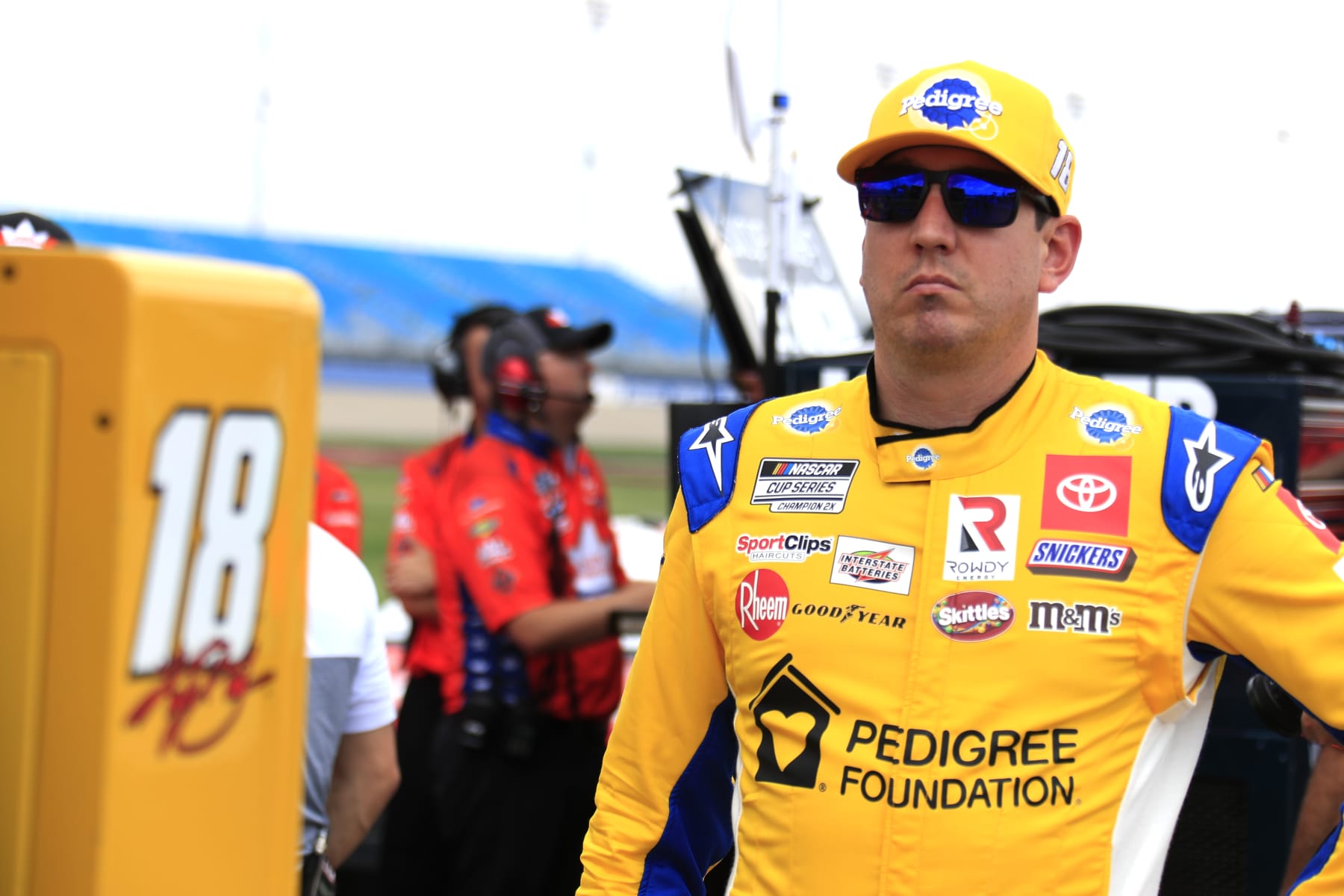 NASHVILLE, TN - JUNE 25: Kyle Busch (#18 Joe Gibbs Racing Pedigree Toyota) watches the action during qualfying for the 2nd annual Ally 400 on June 25, 2022 at Nashville SuperSpeedway in Nashville, TN. (Photo by Jeff Robinson/Icon Sportswire via Getty Images)