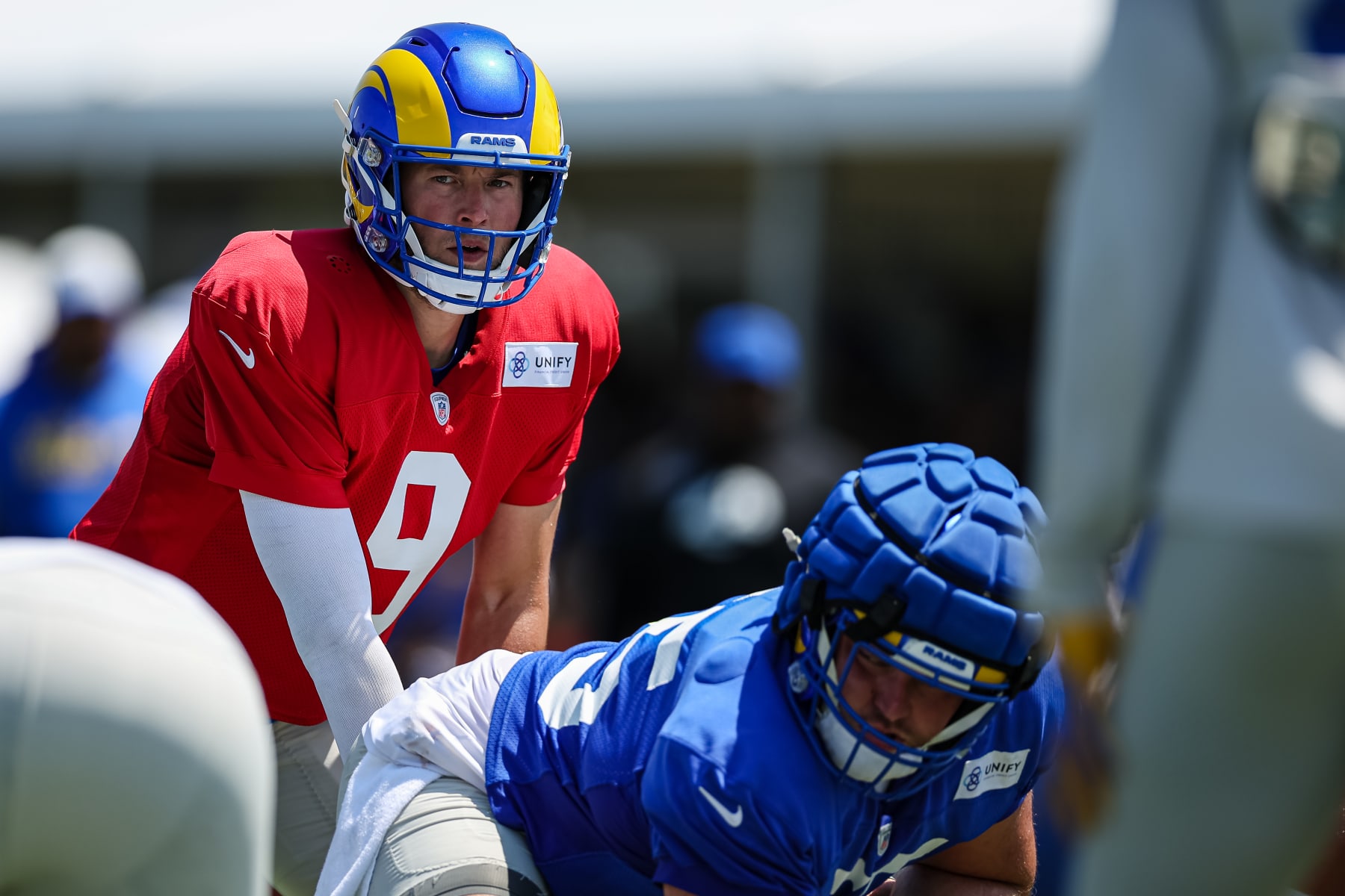 Matthew Stafford throws passes in Rams' camp practice opener