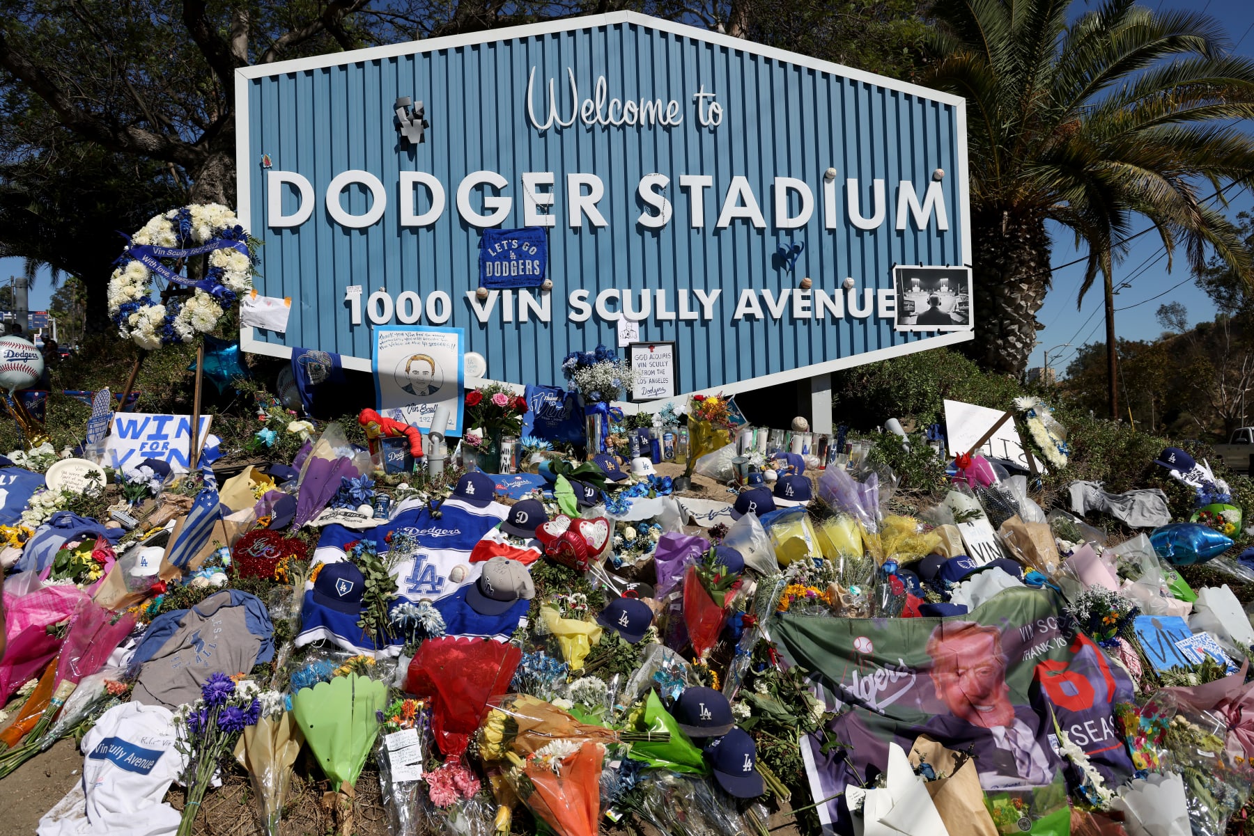 Flowers were left at Dodger Stadium in Los Angeles in memory of