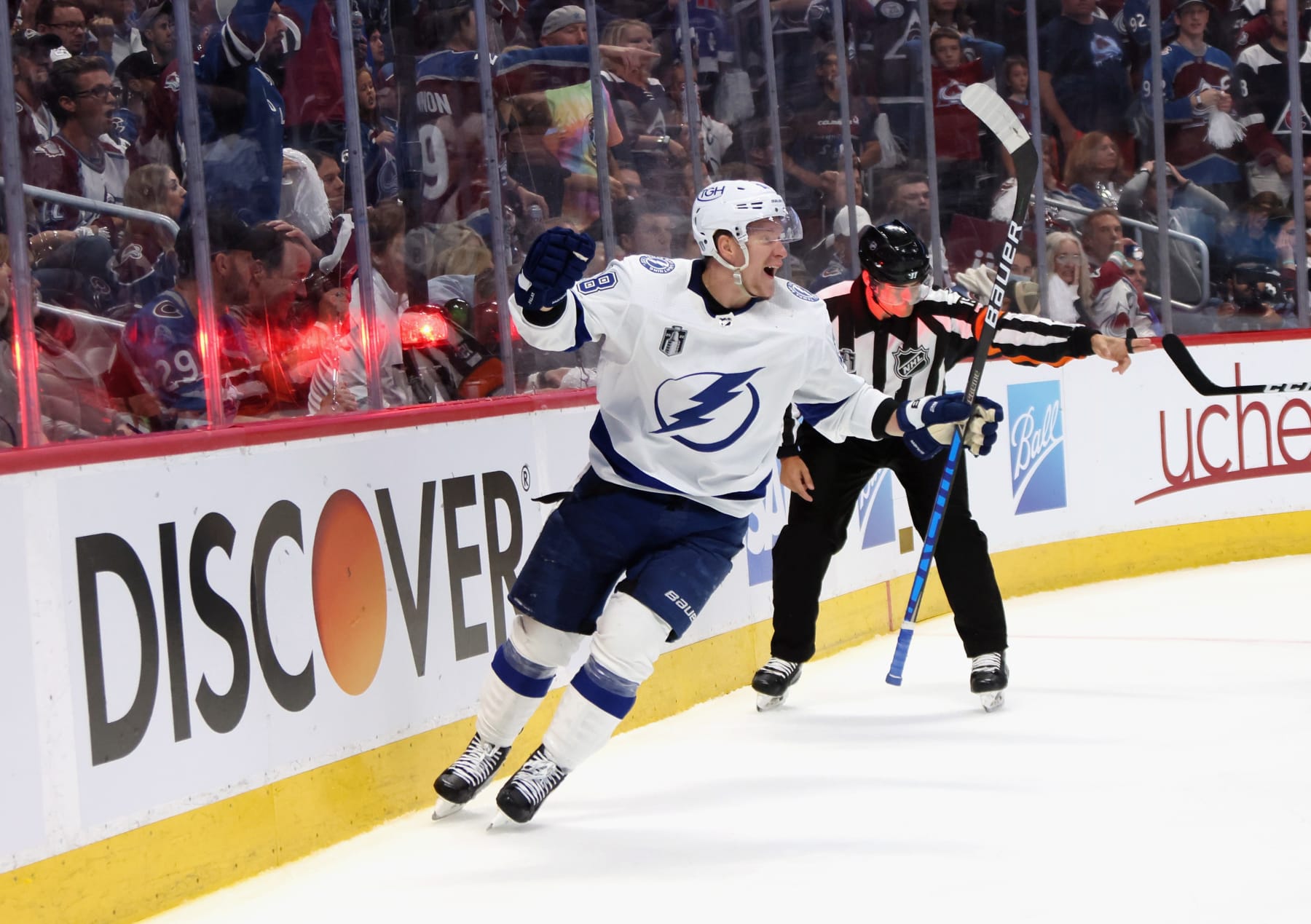 DENVER, COLORADO - JUNE 24: Ondrej Palat #18 of the Tampa Bay Lightning celebrates his game-winning goal against the Colorado Avalanche during Game Five of the 2022 NHL Stanley Cup Final at Ball Arena on June 24, 2022 in Denver, Colorado. (Photo by Bruce Bennett/Getty Images)