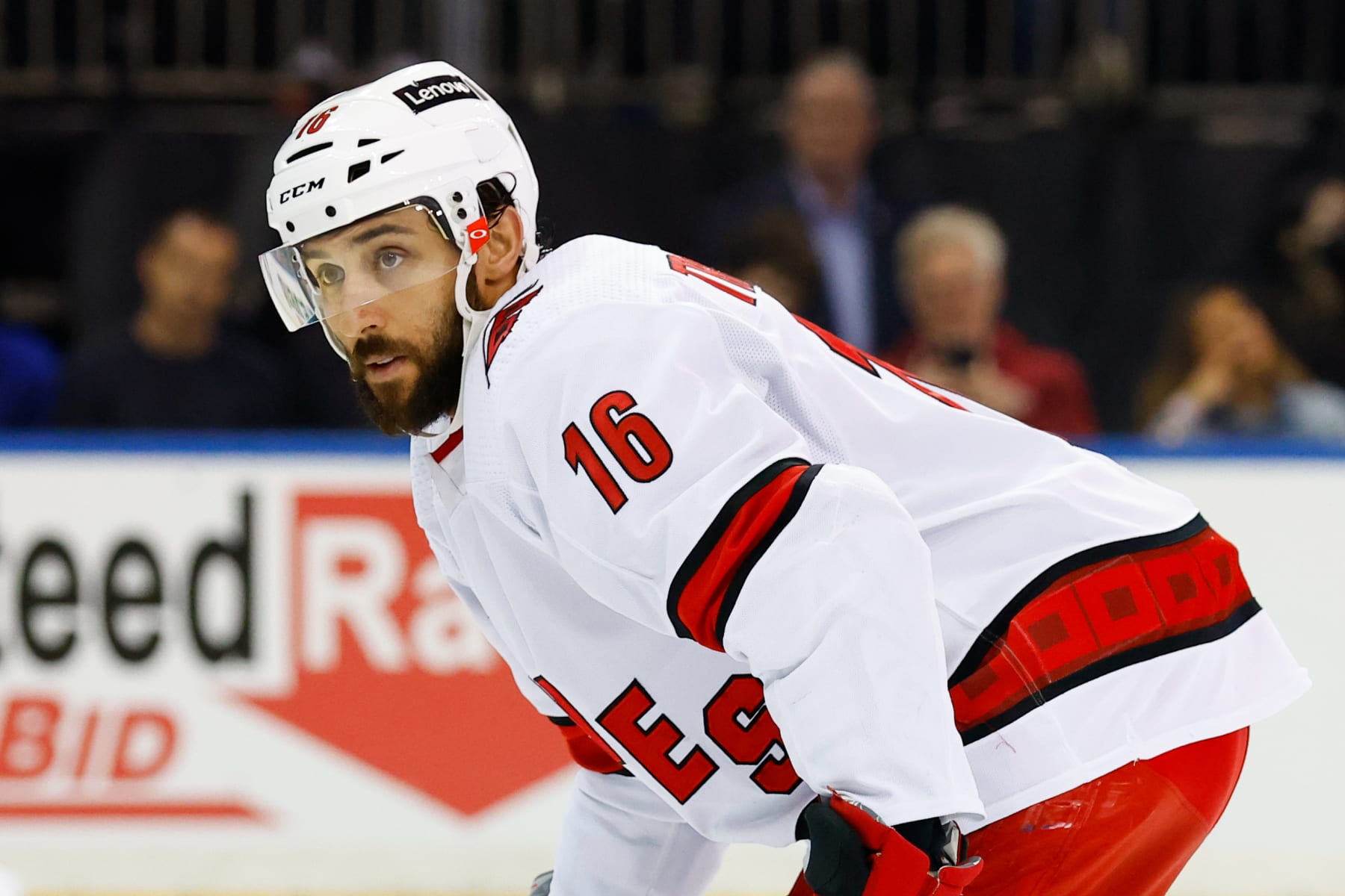 NEW YORK, NY - MAY 28: Carolina Hurricanes center Vincent Trocheck (16) against the New York Rangers during Game 6 of round 2 of the Stanley Cup playoffs on May 28, 2022 at Madison Square Garden in New York, New York. (Photo by Rich Graessle/Icon Sportswire via Getty Images)
