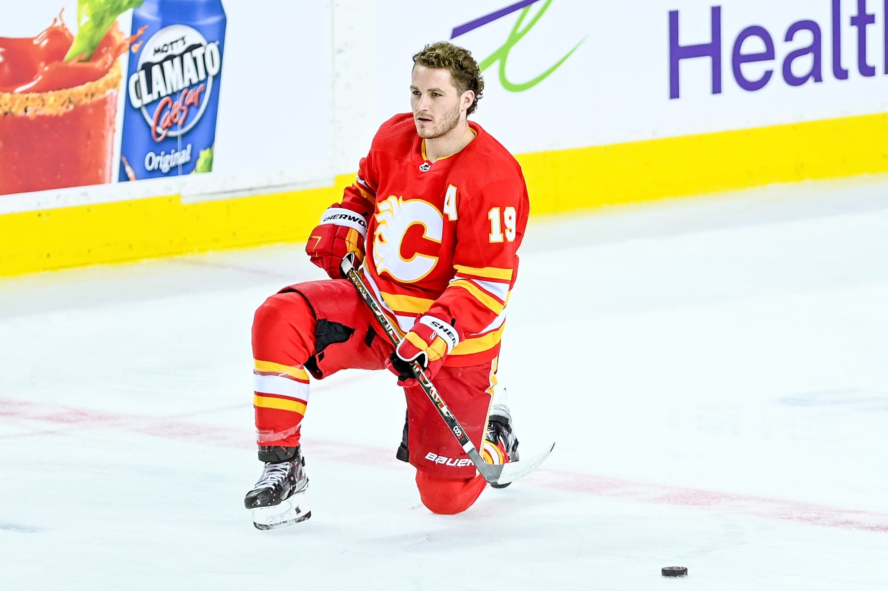 CALGARY, AB - MAY 15: Calgary Flames Right Wing Matthew Tkachuk (19) warms up before game 7 of the first round of the NHL Stanley Cup Playoffs between the Calgary Flames and the Dallas Stars on May 15, 2022, at the Scotiabank Saddledome in Calgary, AB. (Photo by Brett Holmes/Icon Sportswire via Getty Images)
