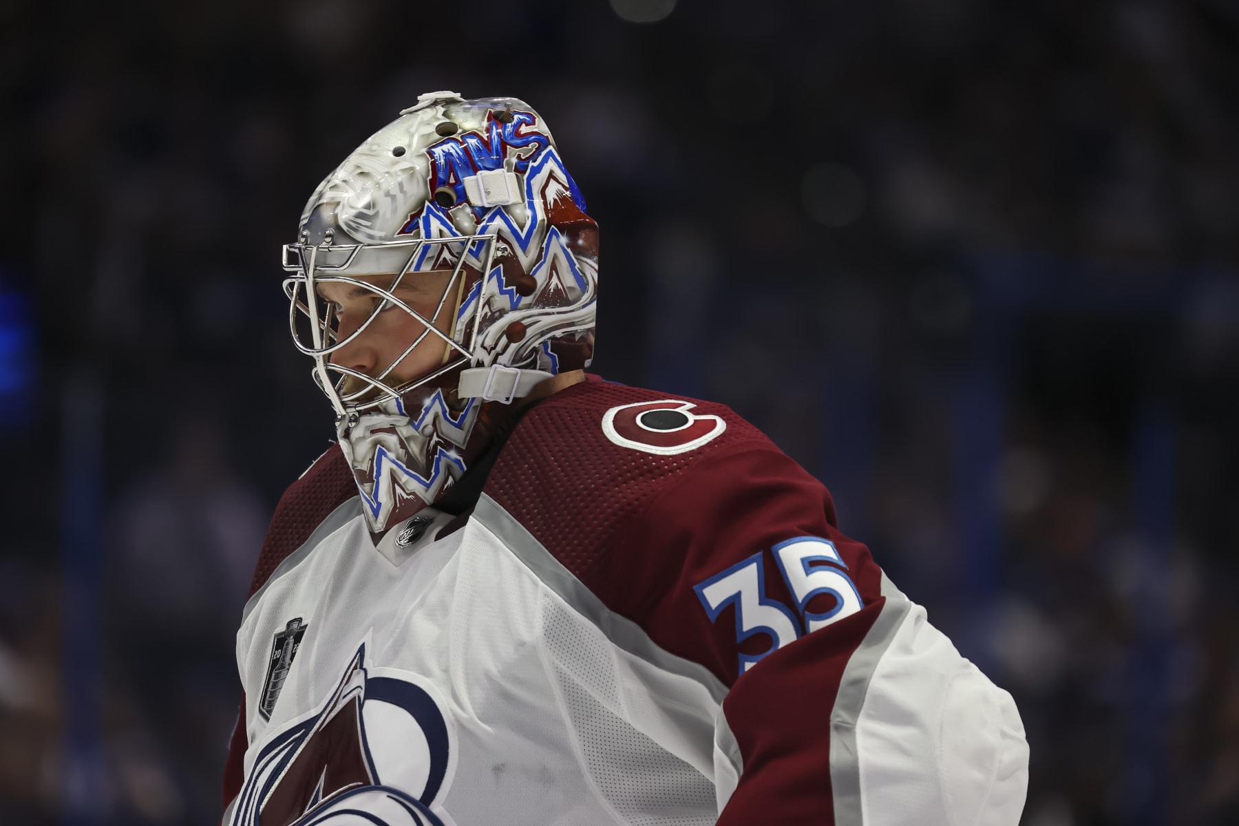 TAMPA, FL - JUNE 26: Goalie Darcy Kuemper #35 of the Colorado Avalanche against the Tampa Bay Lightning during first period in Game Six of the 2022 Stanley Cup Final at Amalie Arena on June 26, 2022 in Tampa, Florida. (Photo by Mark LoMoglio/NHLI via Getty Images)