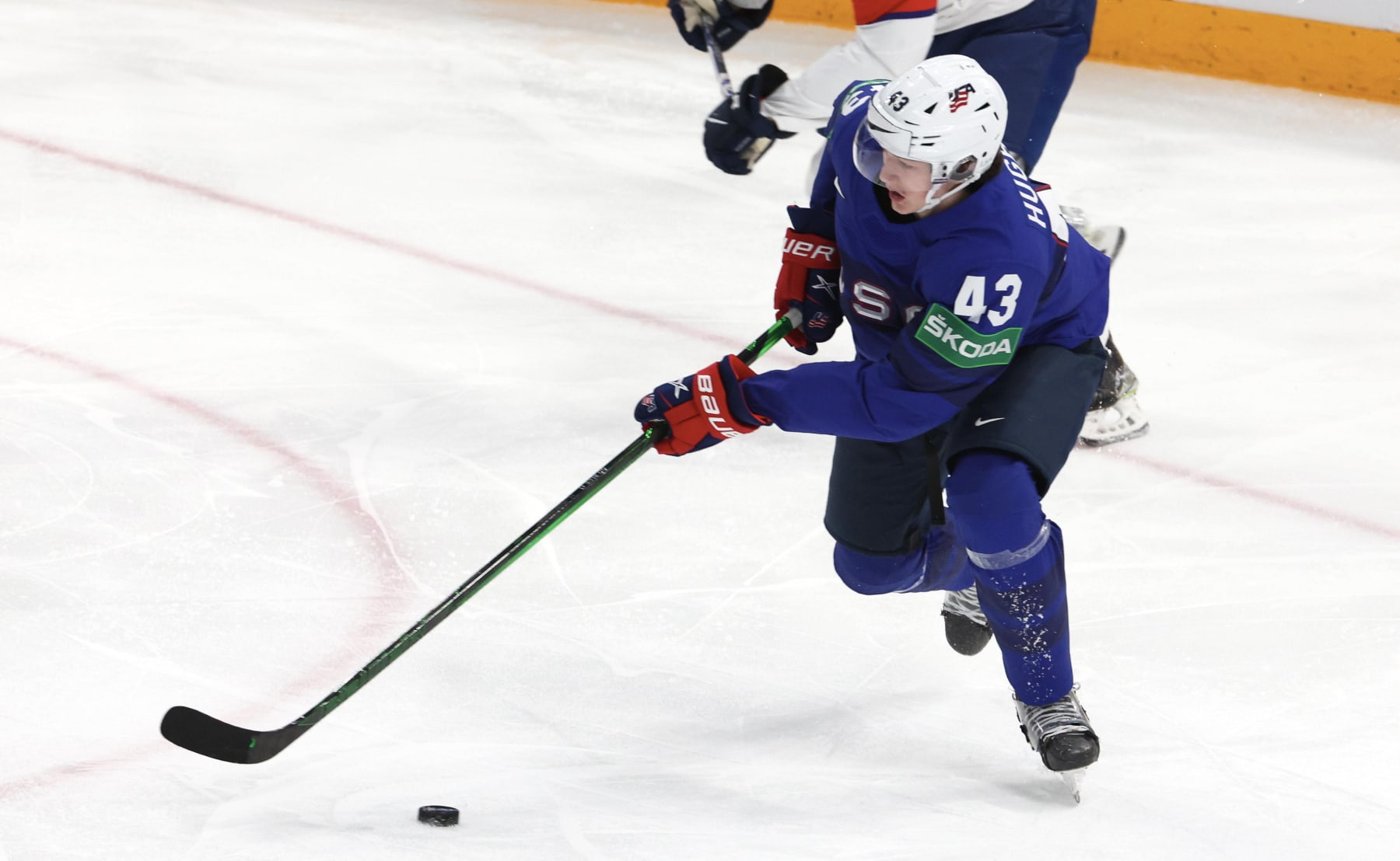 TAMPERE, FINLAND - MAY 19: Luke Hughes #43 of Team United States in action during the 2022 IIHF Ice Hockey World Championship Group B match between Unites States and England at Nokia Arena on May 19, 2022 in Tampere, Finland. (Photo by Xavier Laine/Getty Images)