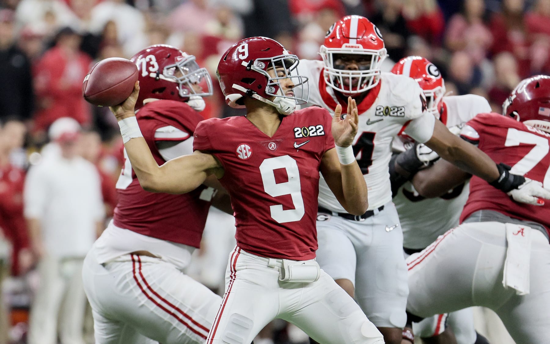 INDIANAPOLIS, INDIANA - JANUARY 10:  Bryce Young #9 of the Alabama Crimson Tide against the Georgia Bulldogs at Lucas Oil Stadium on January 10, 2022 in Indianapolis, Indiana. (Photo by Andy Lyons/Getty Images)