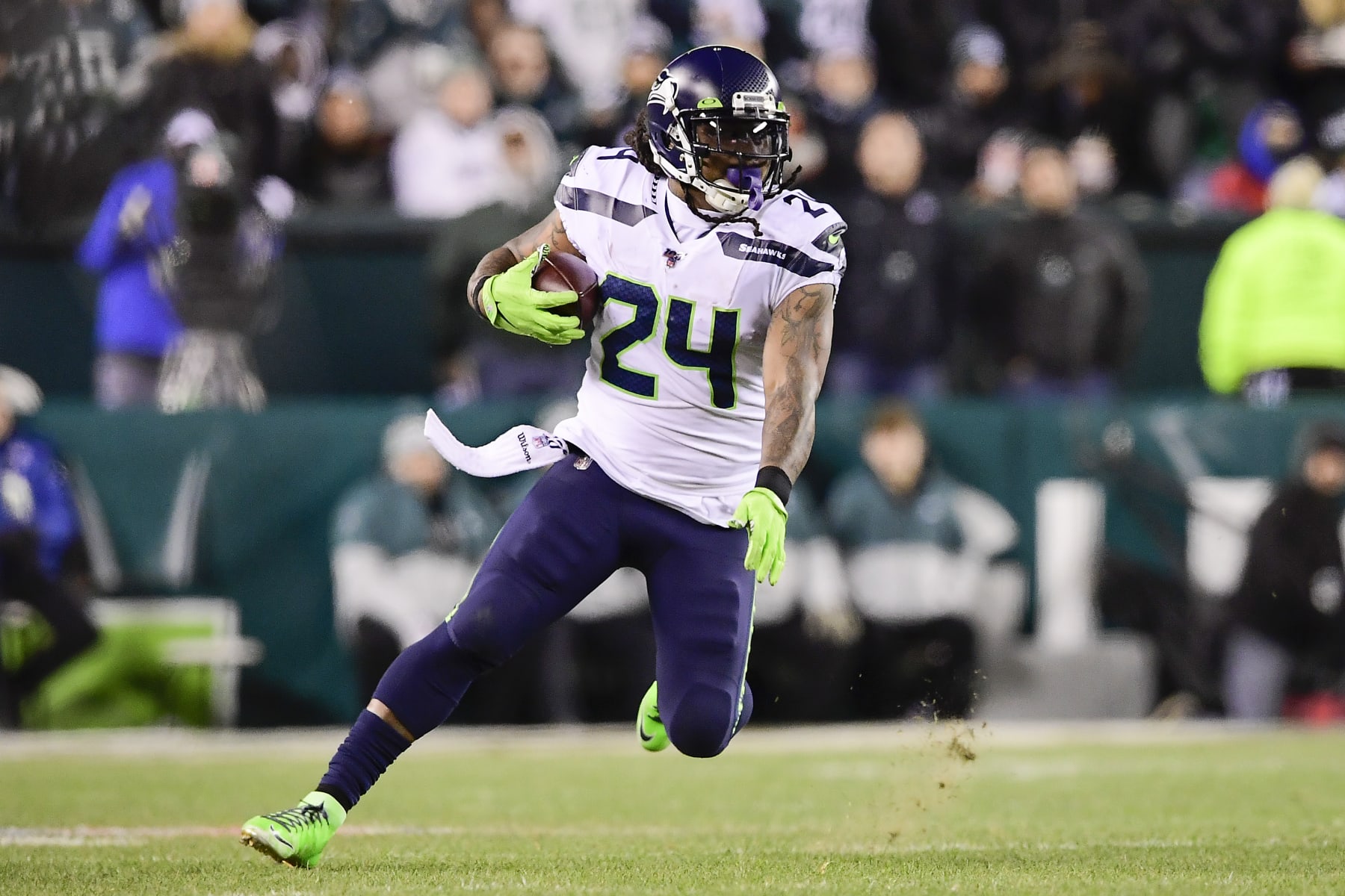 PHILADELPHIA, PENNSYLVANIA - JANUARY 05:  Marshawn Lynch #24 of the Seattle Seahawks runs the ball against the Philadelphia Eagles in the NFC Wild Card Playoff game at Lincoln Financial Field on January 05, 2020 in Philadelphia, Pennsylvania. (Photo by Steven Ryan/Getty Images)