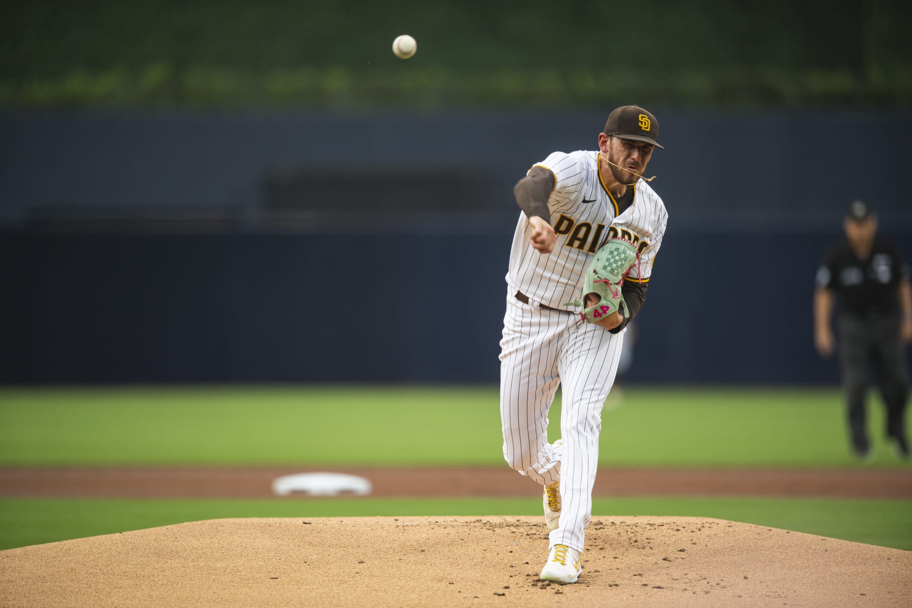 SAN DIEGO, CA - AUGUST 9: Joe Musgrove #44 of the San Diego Padres pitches in the first inning against the San Francisco Giants at PETCO Park on August 9, 2022 in San Diego, California. (Photo by Matt Thomas/San Diego Padres/Getty Images)