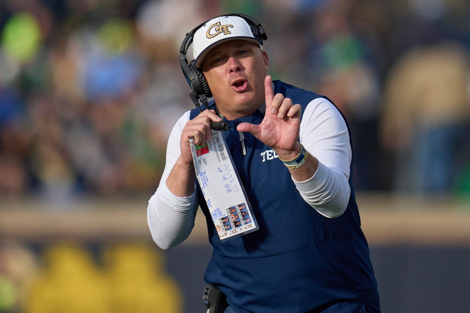 SOUTH BEND, IN - NOVEMBER 20: Georgia Tech Yellow Jackets head coach Geoff Collins reacts to a play during a game between the Notre Dame Fighting Irish and the Georgia Tech Yellow Jackets on November 20, 2021 at Notre Dame Stadium, in South Bend, IN. (Photo by Robin Alam/Icon Sportswire via Getty Images)