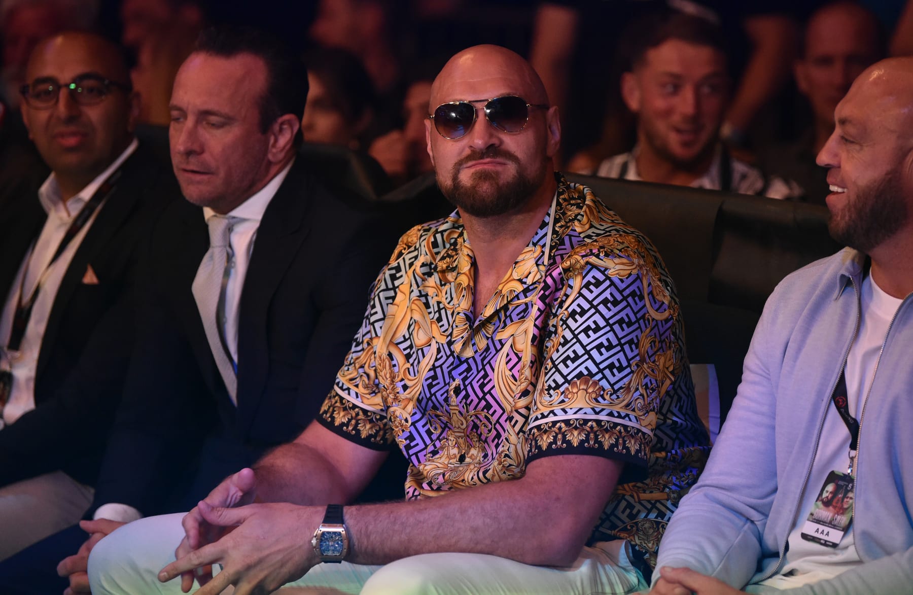 LIVERPOOL, ENGLAND - JUNE 17: Tyson Fury watches on during the Vacant IBF International Heavyweight Championship fight between Nathan Gorman and Thomas Salek as part of the Wasserman fight night at M&S Bank Arena on June 17, 2022 in Liverpool, England. (Photo by Nathan Stirk/Getty Images)