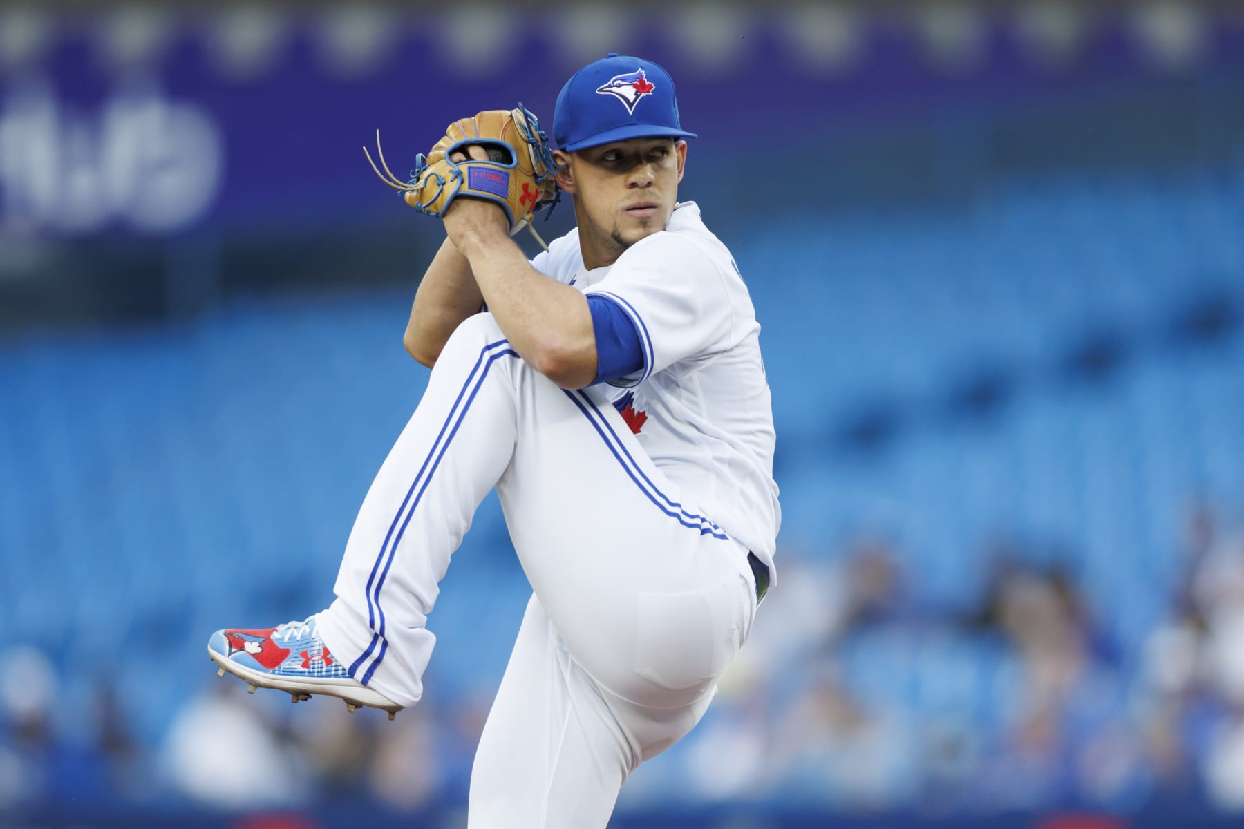 TORONTO, ON - JUNE 15: Jose Berrios #17 of the Toronto Blue Jays pitches in the first inning of their MLB game against the Baltimore Orioles at Rogers Centre on June 15, 2022 in Toronto, Canada. (Photo by Cole Burston/Getty Images)