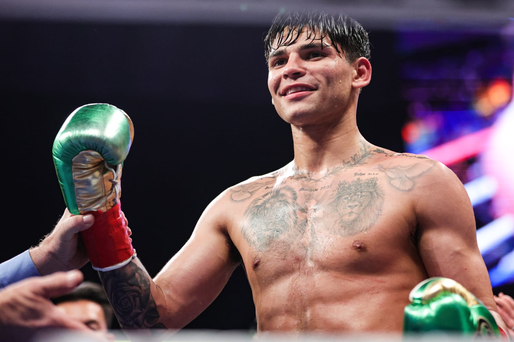 SAN ANTONIO, TEXAS - APRIL 09: Ryan Garcia celebrates defeating Emmanuel Tagoe in their Lightweight bout at the Alamodome on April 09, 2022 in San Antonio, Texas. (Photo by Carmen Mandato/Getty Images)